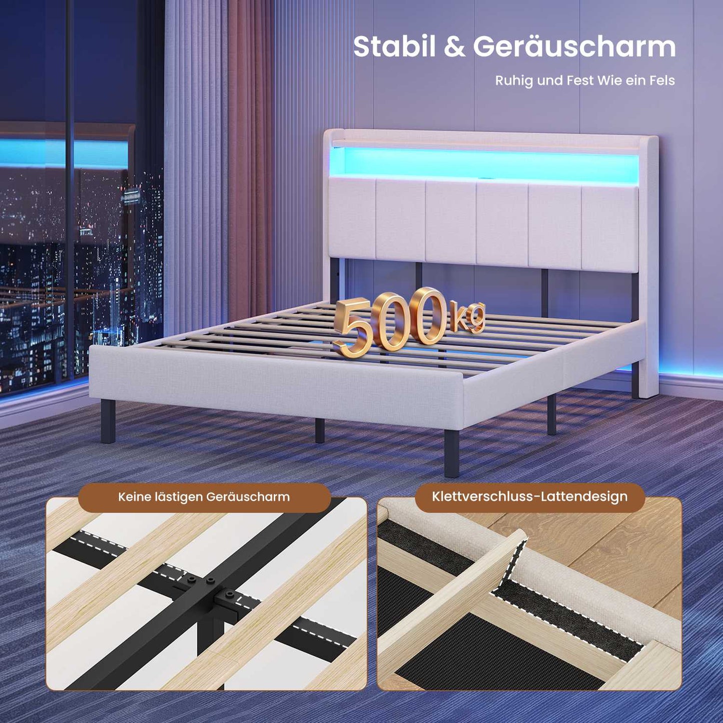 AOGLLATI Polsterbett 140x200 mit LED & Ladestation mit Stauraum unter dem Bett Jugendbett Bettgestell mit Weich Gepolstertem Kopfteil