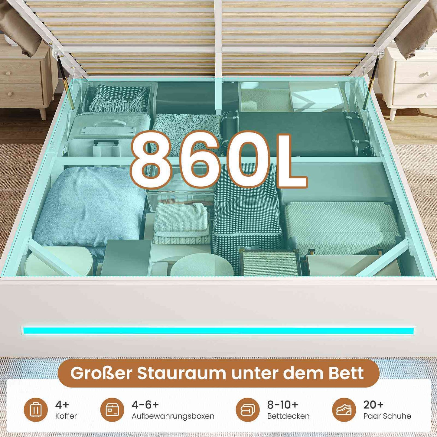 AOGLLATI Bett 140x200 mit Hydraulischem Stauraum & Kopfteil Stauraum mit LED Beleuchtung und Ladestation