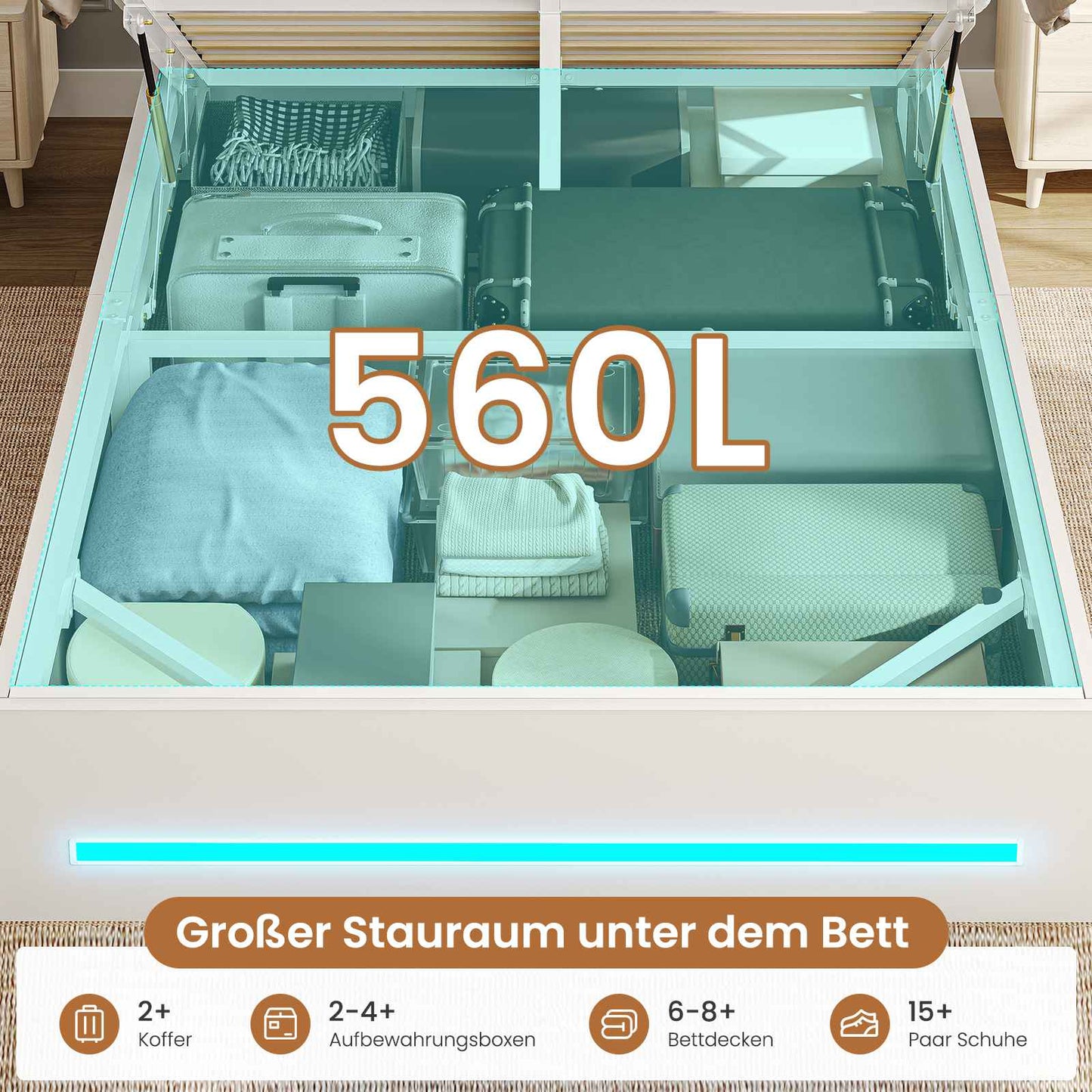 AOGLLATI Bett 90x200 mit Hydraulischem Stauraum & Kopfteil Stauraum Jugendbett Kinderbett mit LED Beleuchtung und Ladestation
