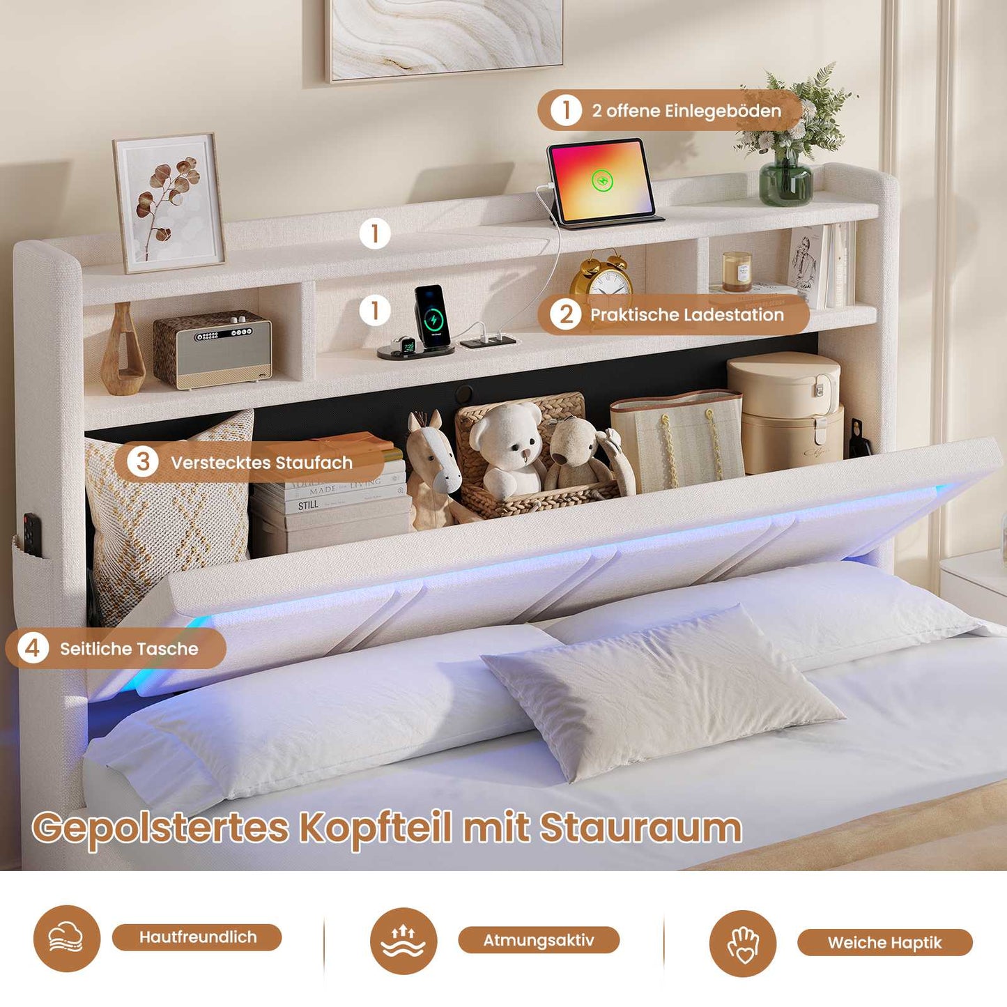 AOGLLATI Bett 140x200 Dunkelgrau mit LED Beleuchtung USB & Hydrauliksystem | Polsterbett mit Bettkasten Kopfteil Stauraum