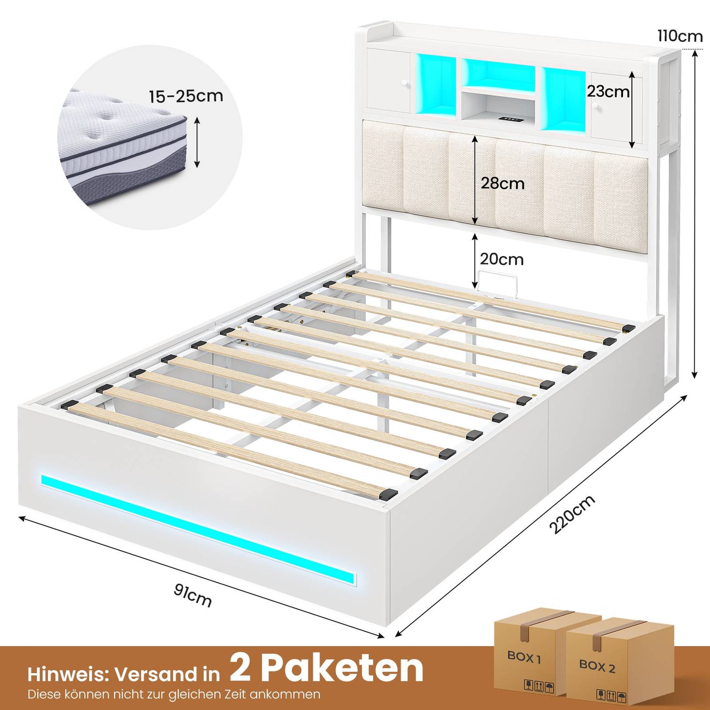AOGLLATI Bett 90x200 mit Hydraulischem Stauraum & Kopfteil Stauraum Jugendbett Kinderbett mit LED Beleuchtung und Ladestation