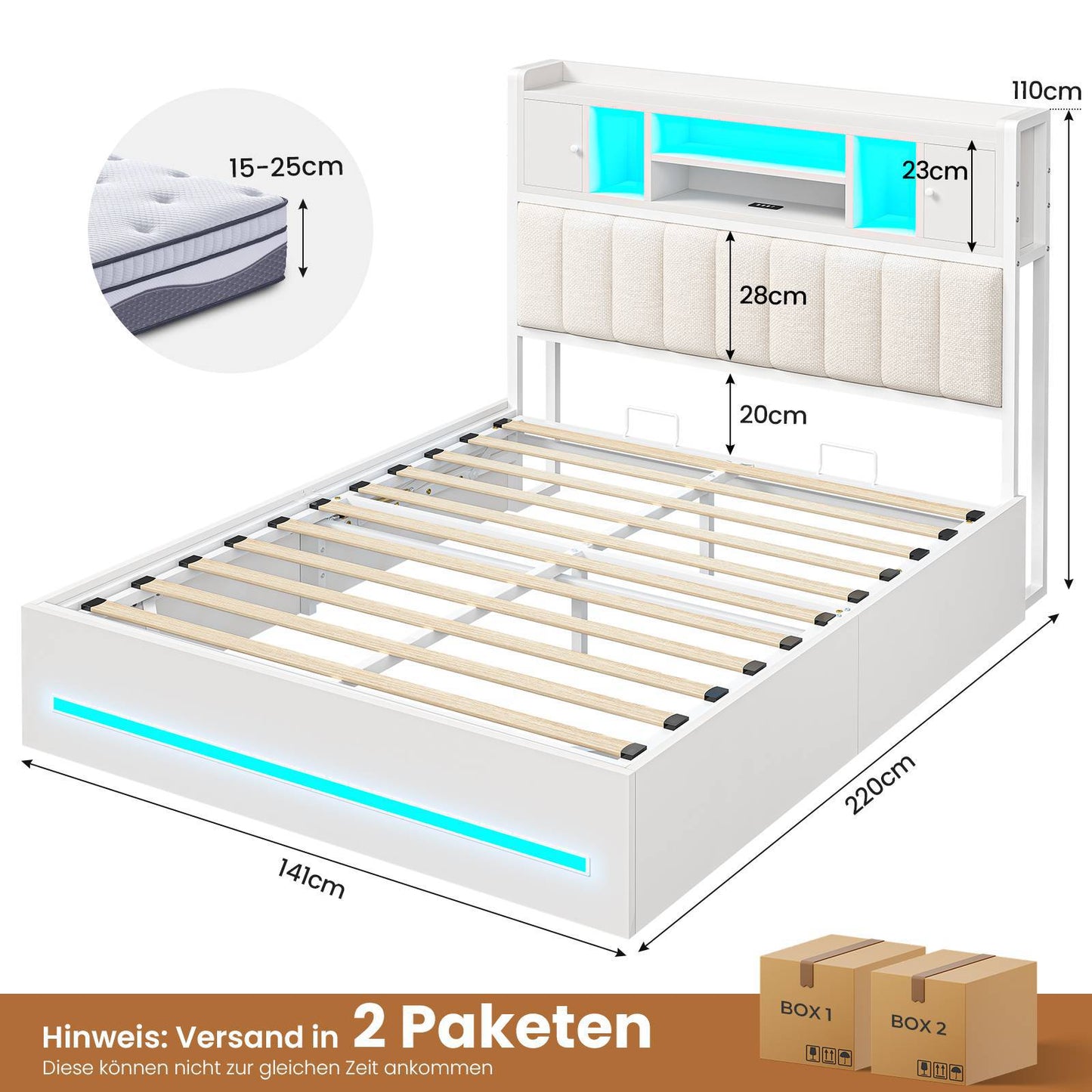AOGLLATI Bett 140x200 mit Hydraulischem Stauraum & Kopfteil Stauraum mit LED Beleuchtung und Ladestation