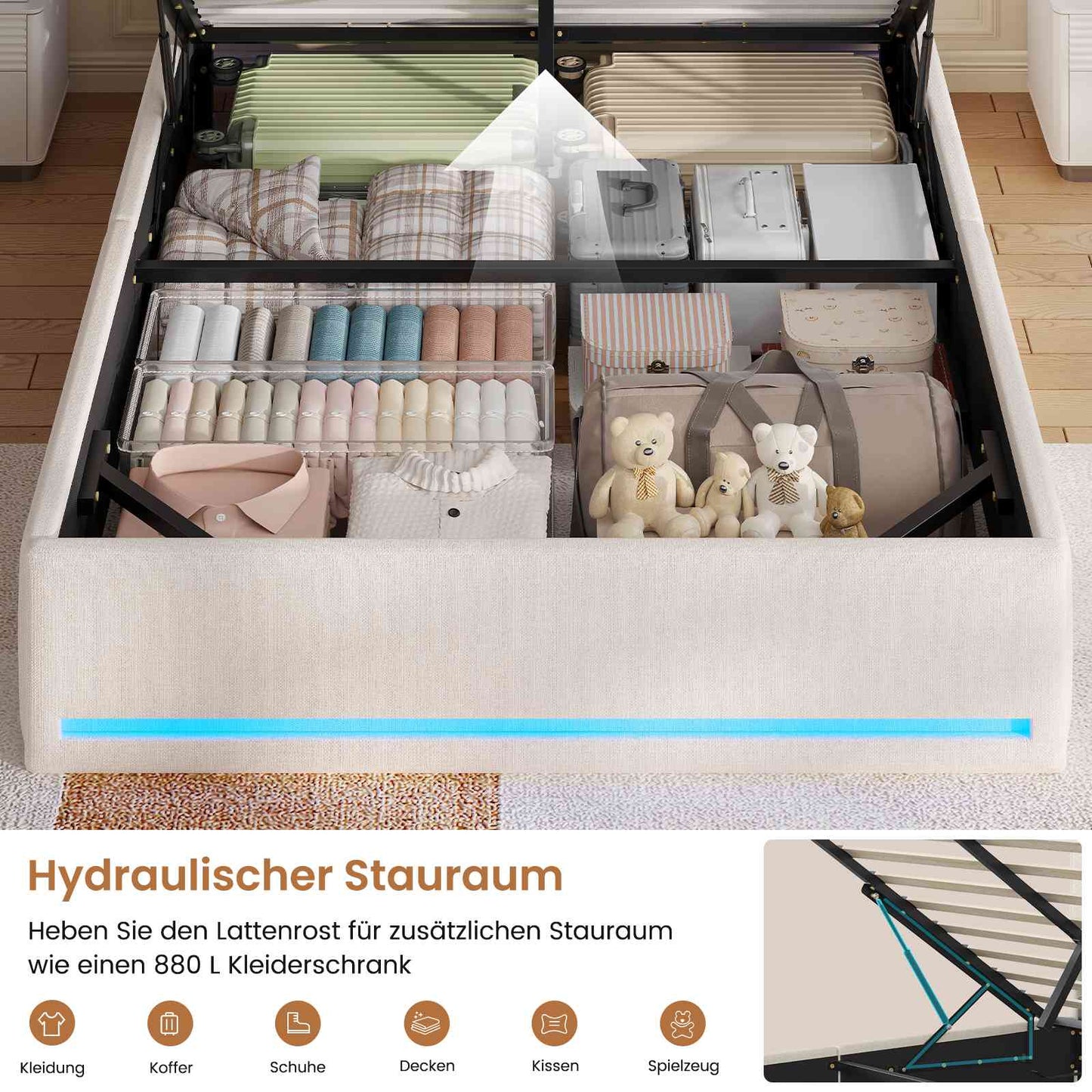 AOGLLATI Bett 140x200 Dunkelgrau mit LED Beleuchtung USB & Hydrauliksystem | Polsterbett mit Bettkasten Kopfteil Stauraum