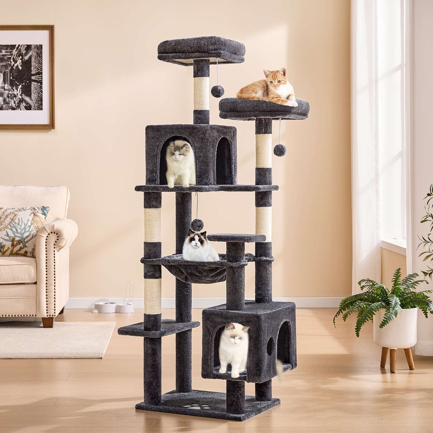 AOGLLATI Kratzbaum groß L Katzenbaum Stabil Katzenkratzbaum mit 2 Plattformen 2 Katzenhöhlen Hängematte Sisalsäulen