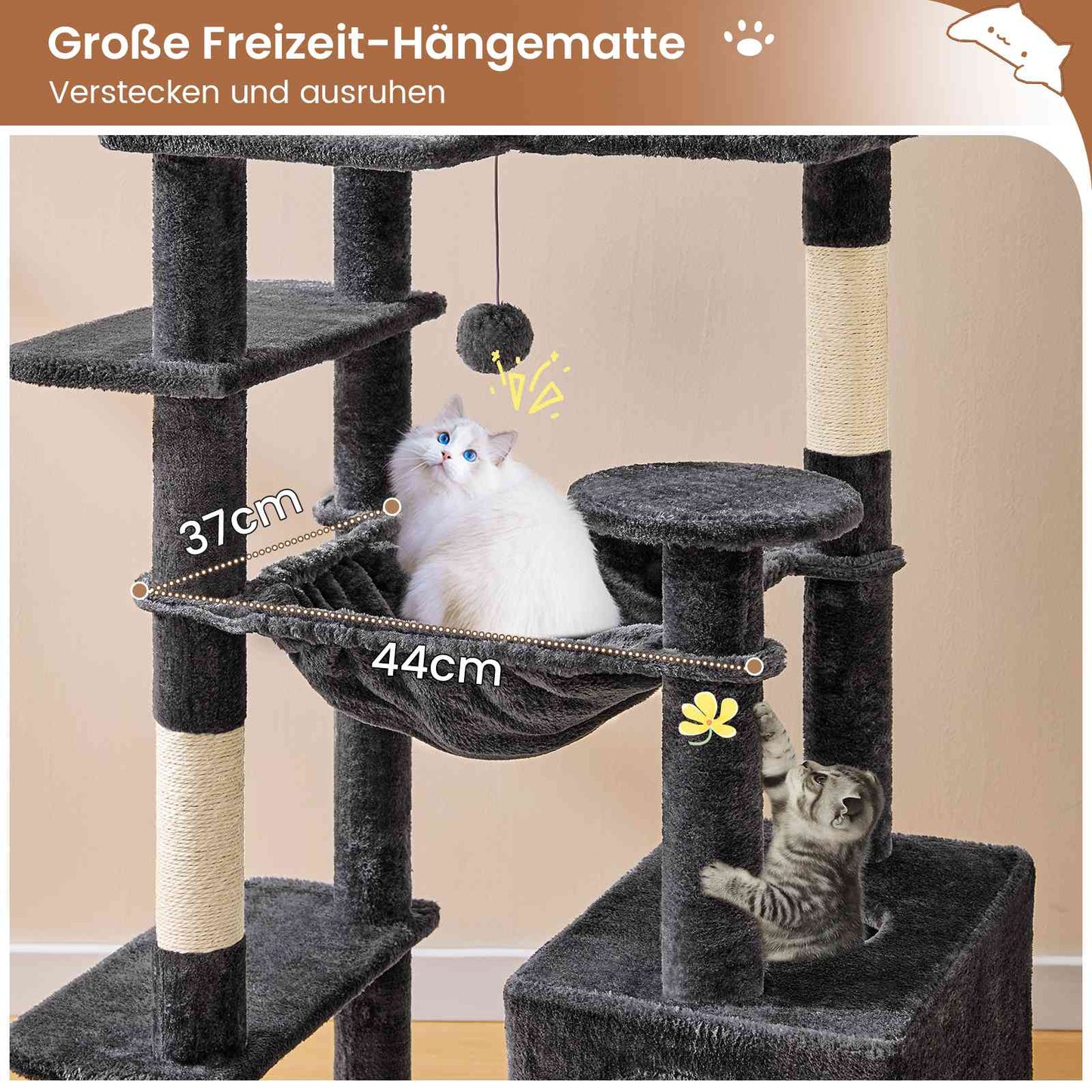 AOGLLATI Kratzbaum Katzenkratzbaum mit 2 Plattformen 2 Katzenhöhlen Hängematte Sisalsäulen mehrstöckiger Kletterbaum