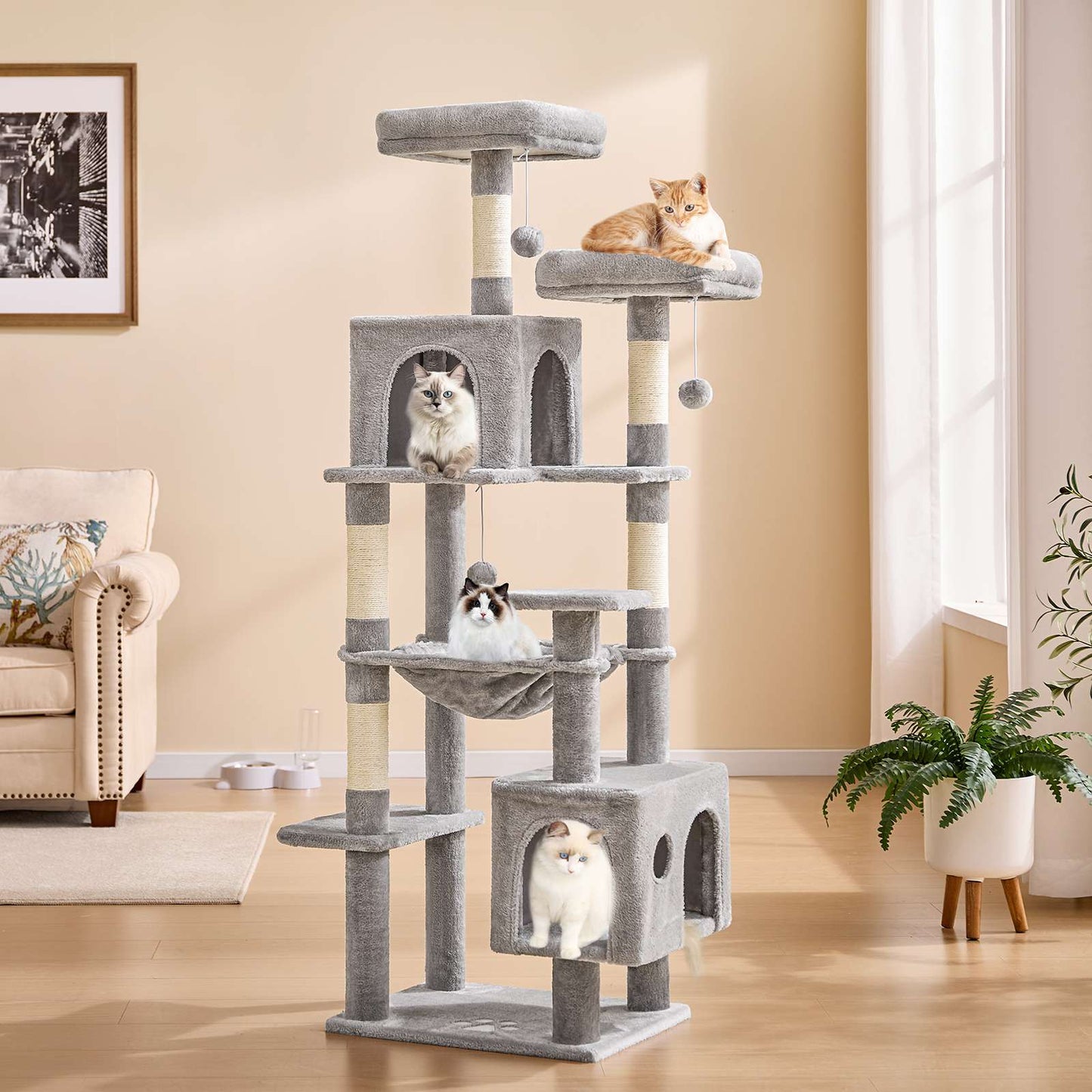 AOGLLATI Kratzbaum groß L Katzenbaum Stabil Katzenkratzbaum mit 2 Plattformen 2 Katzenhöhlen Hängematte Sisalsäulen