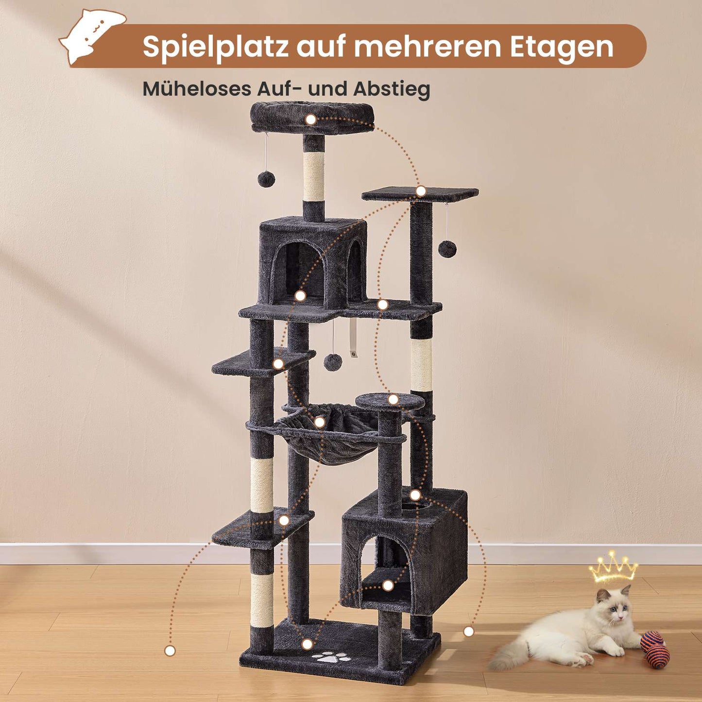 AOGLLATI Kratzbaum Katzenkratzbaum mit 2 Plattformen 2 Katzenhöhlen Hängematte Sisalsäulen mehrstöckiger Kletterbaum
