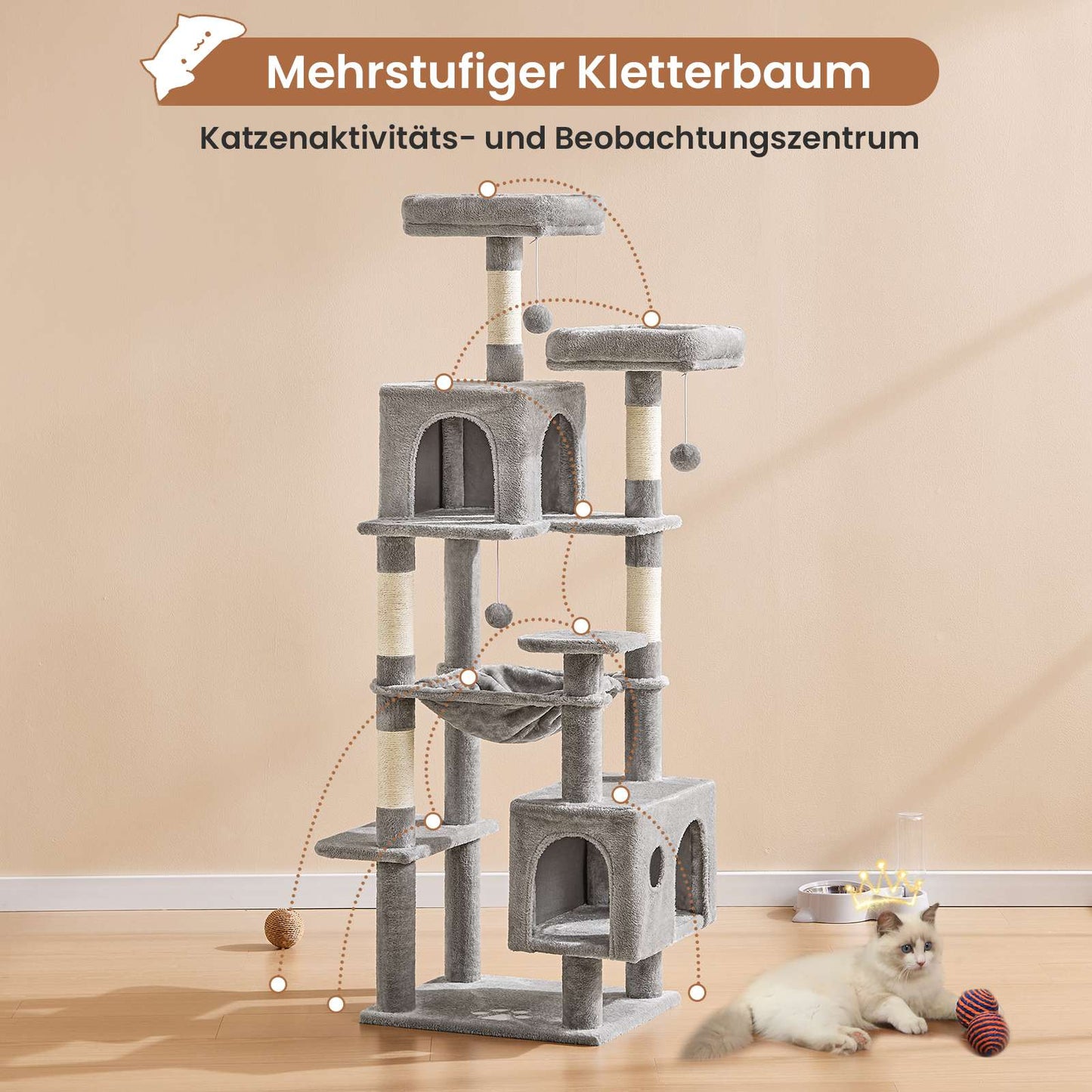 AOGLLATI Kratzbaum groß L Katzenbaum Stabil Katzenkratzbaum mit 2 Plattformen 2 Katzenhöhlen Hängematte Sisalsäulen
