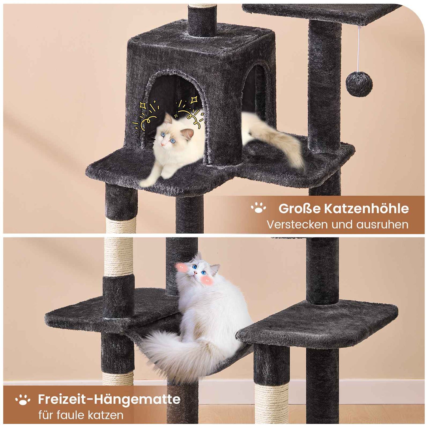 AOGLLATI Kratzbaum Katzenkratzbaum Stabil Katzenbaum mit Katzenhöhlen Plattformen Hängematte Sisalsäulen