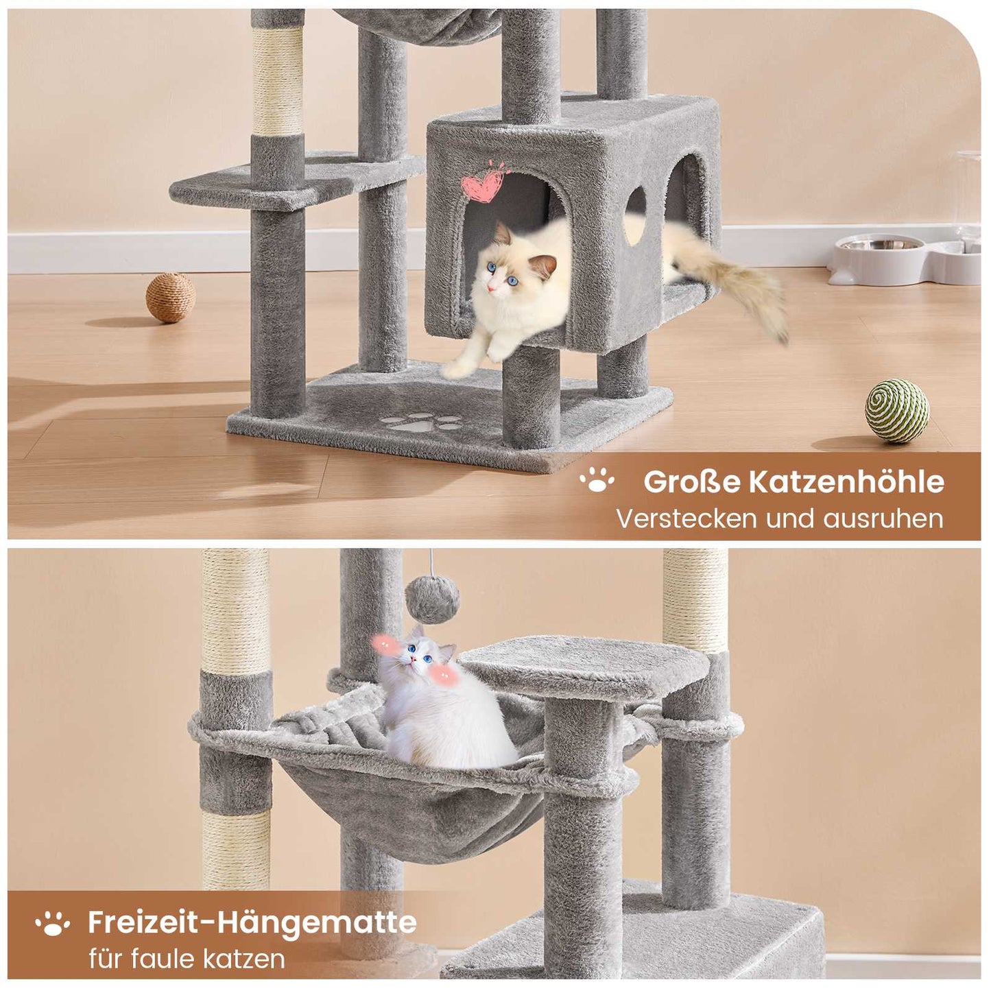 AOGLLATI Kratzbaum groß L Katzenbaum Stabil Katzenkratzbaum mit 2 Plattformen 2 Katzenhöhlen Hängematte Sisalsäulen