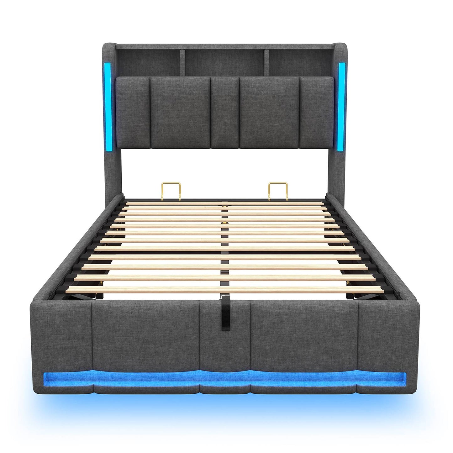 AOGLLATI Polsterbett 90×200 mit Steckdosen & LED Beleuchtung Doppelbett 90x200 mit Stauraum Kopfteil