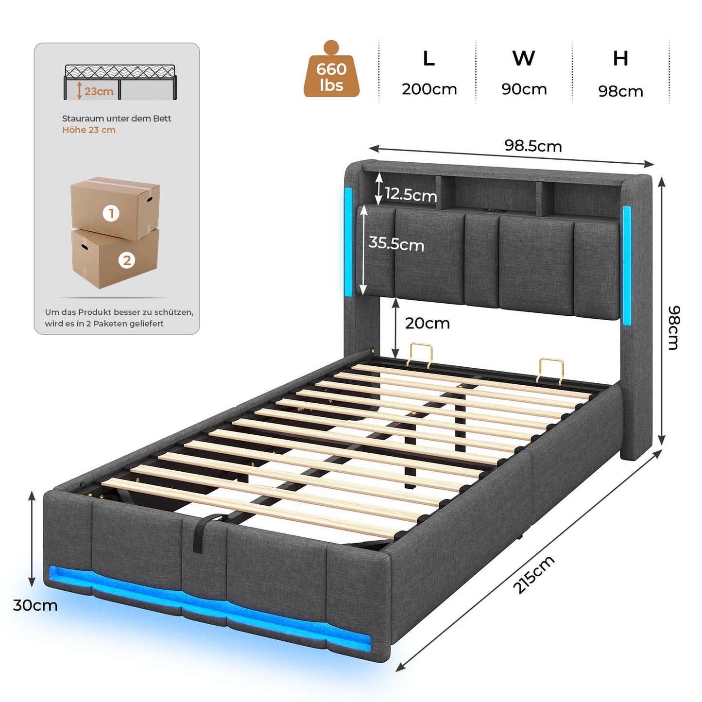 AOGLLATI Polsterbett 90×200 mit Steckdosen & LED Beleuchtung Doppelbett 90x200 mit Stauraum Kopfteil