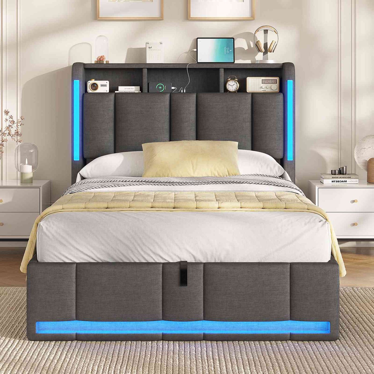 AOGLLATI Polsterbett 90×200 mit Steckdosen & LED Beleuchtung Doppelbett 90x200 mit Stauraum Kopfteil
