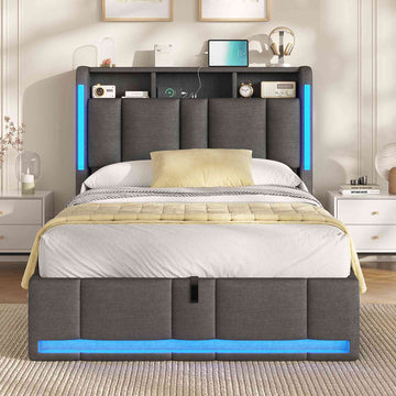 AOGLLATI Polsterbett 90×200 mit Steckdosen & LED Beleuchtung Doppelbett 90x200 mit Stauraum Kopfteil