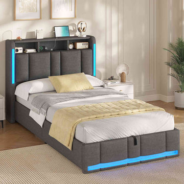 AOGLLATI Polsterbett 90×200 mit Steckdosen & LED Beleuchtung Doppelbett 90x200 mit Stauraum Kopfteil