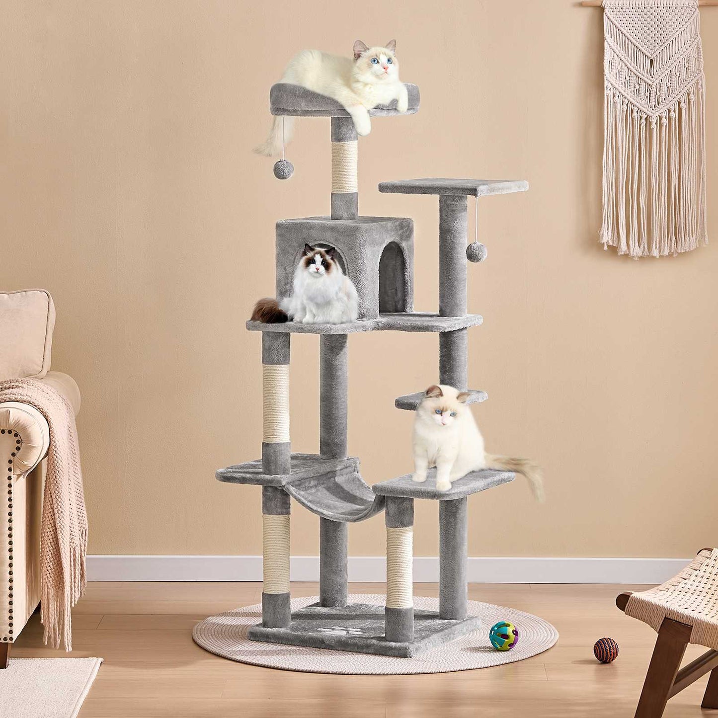AOGLLATI Kratzbaum Katzenkratzbaum Stabil Katzenbaum mit Katzenhöhlen Plattformen Hängematte Sisalsäulen