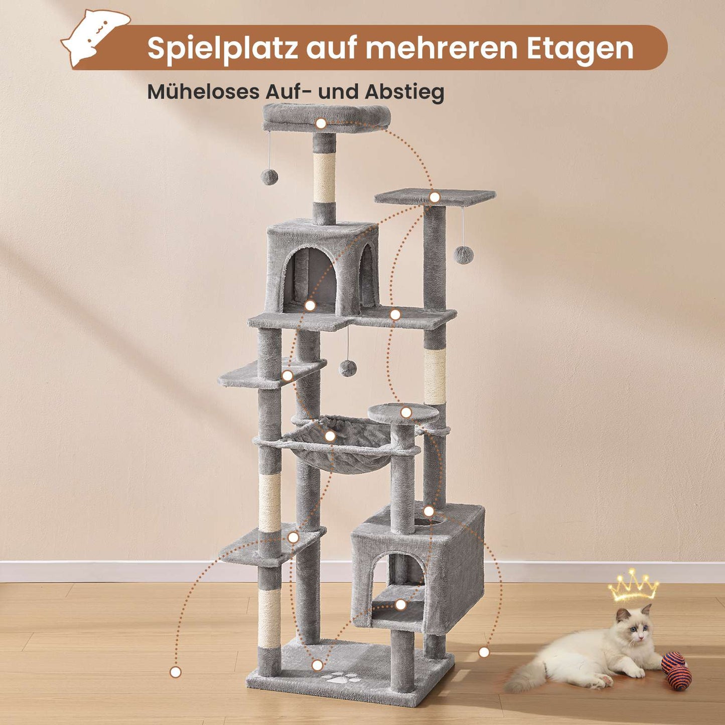 AOGLLATI Kratzbaum Katzenkratzbaum mit 2 Plattformen 2 Katzenhöhlen Hängematte Sisalsäulen mehrstöckiger Kletterbaum