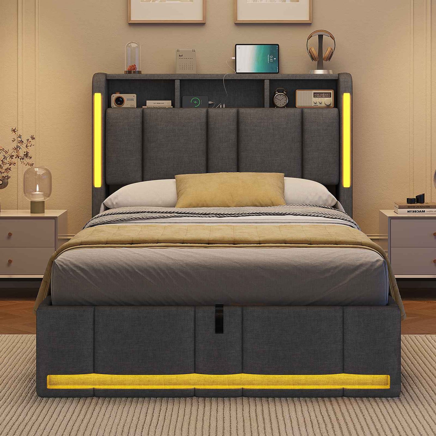 AOGLLATI Polsterbett 90×200 mit Steckdosen & LED Beleuchtung Doppelbett 90x200 mit Stauraum Kopfteil