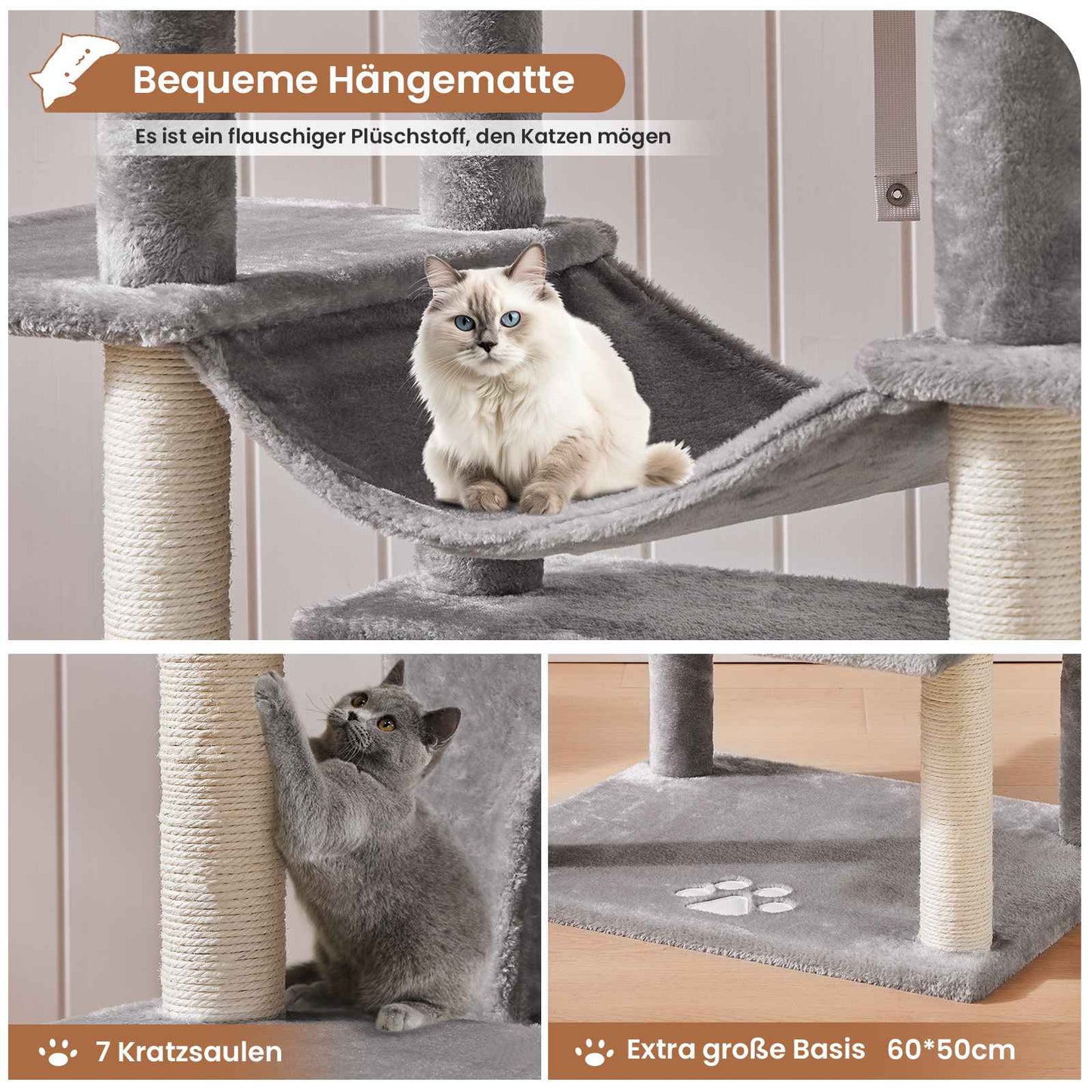 AOGLLATI Kratzbaum groß XXL 175cm Katzenbaum Katzen stabil mit 3 großer Aussichtsplattform Sisal-Kratzstangen