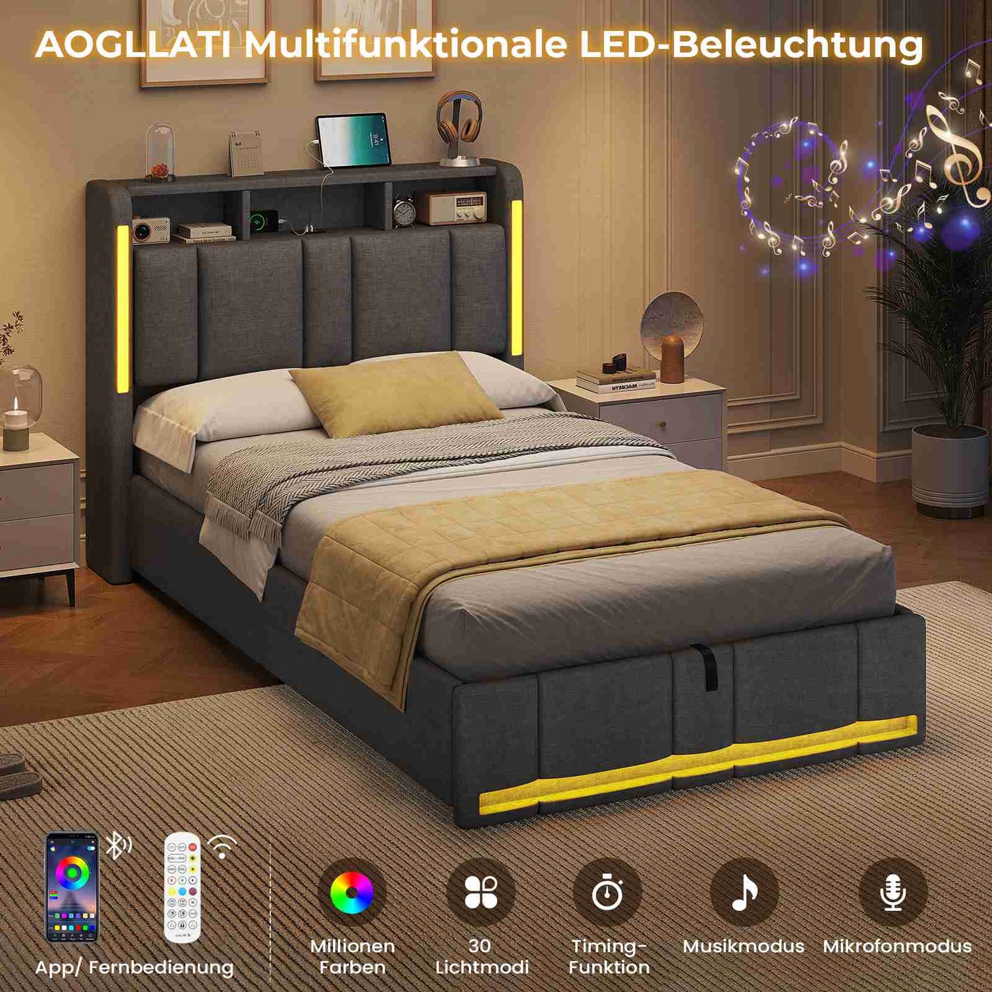 AOGLLATI Polsterbett 90×200 mit Steckdosen & LED Beleuchtung Doppelbett 90x200 mit Stauraum Kopfteil