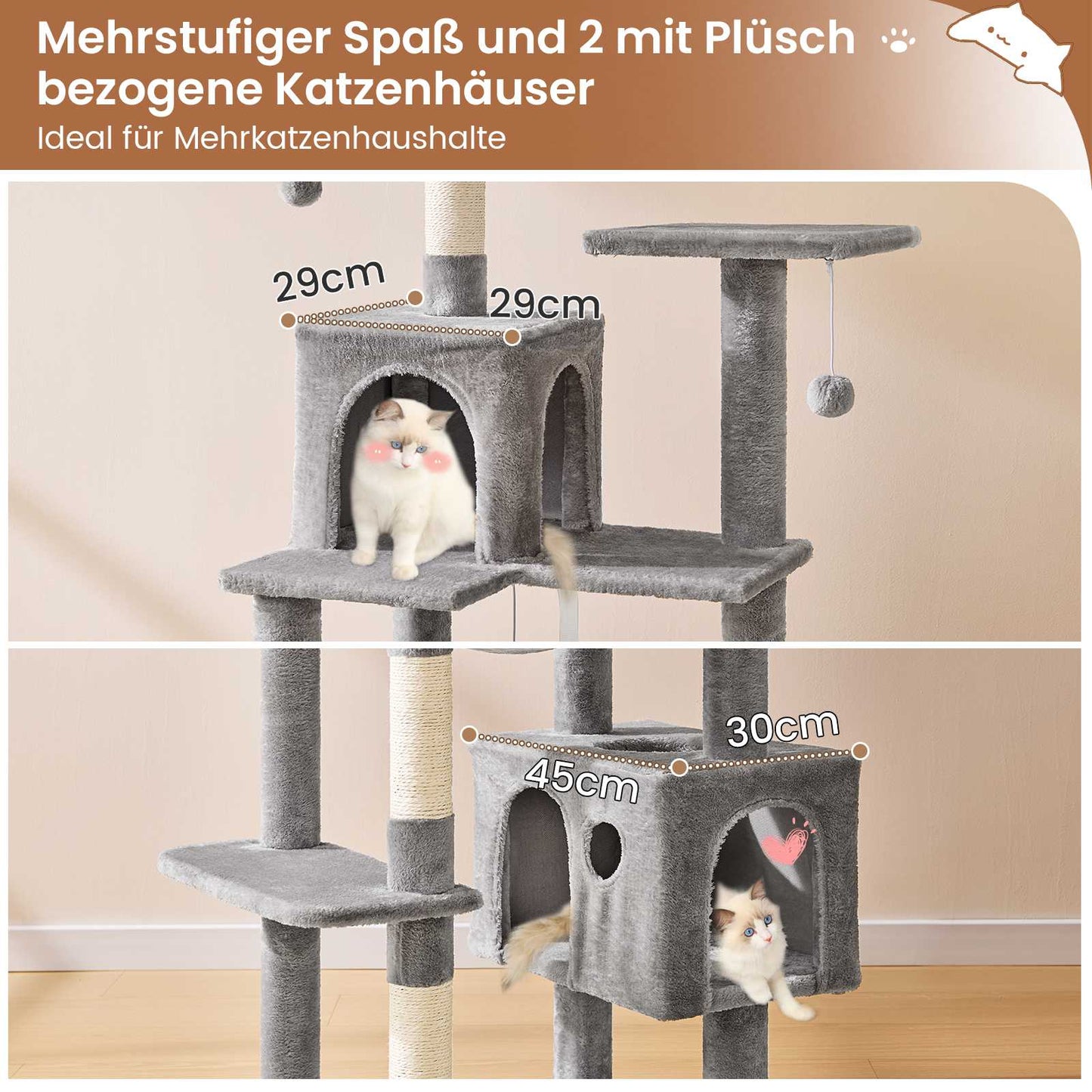 AOGLLATI Kratzbaum Katzenkratzbaum mit 2 Plattformen 2 Katzenhöhlen Hängematte Sisalsäulen mehrstöckiger Kletterbaum