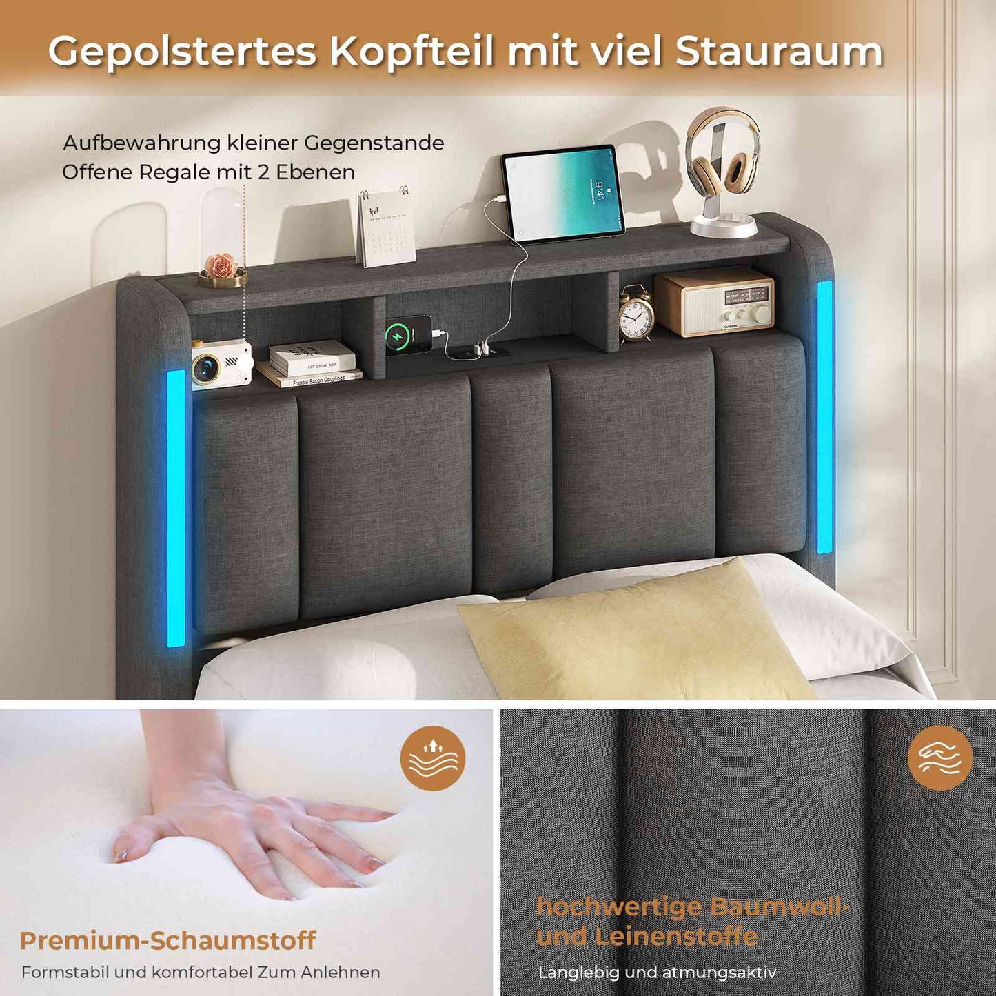 AOGLLATI Polsterbett 90×200 mit Steckdosen & LED Beleuchtung Doppelbett 90x200 mit Stauraum Kopfteil