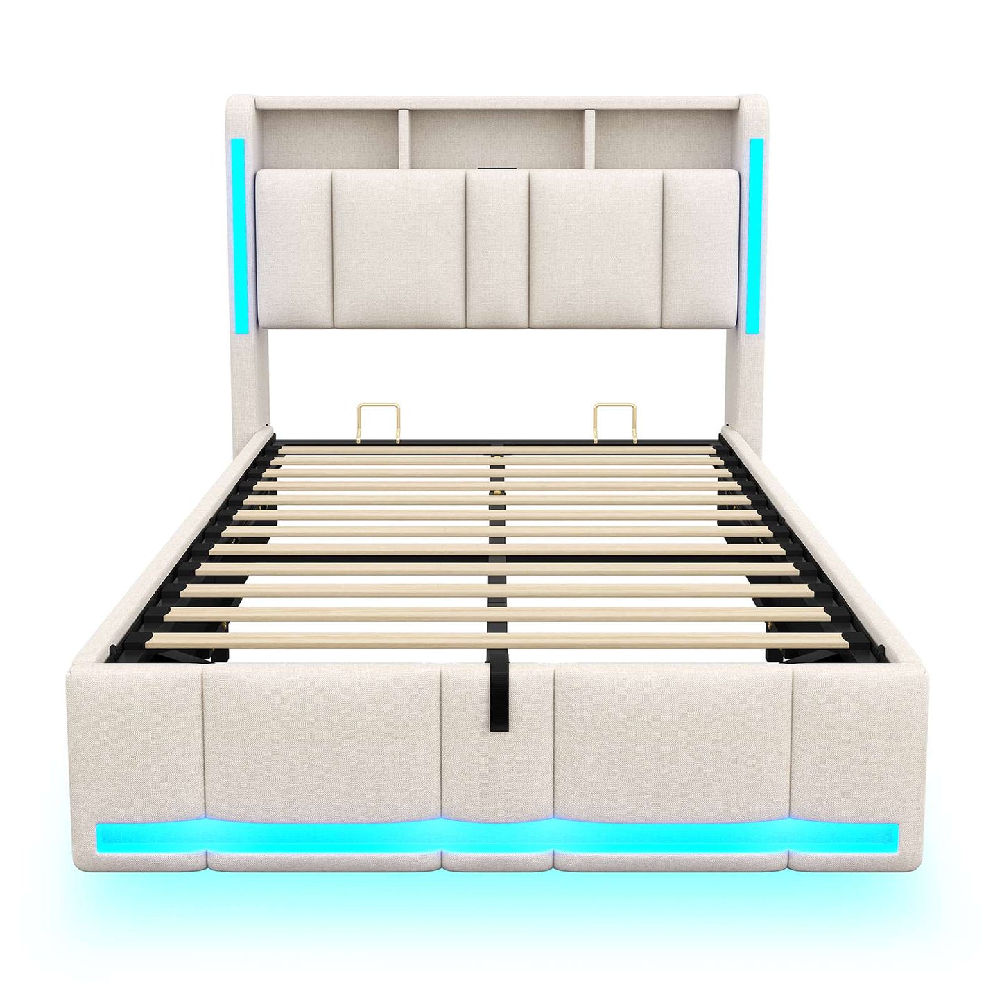 AOGLLATI Polsterbett 90×200 mit Steckdosen & LED Beleuchtung Doppelbett 90x200 mit Stauraum Kopfteil