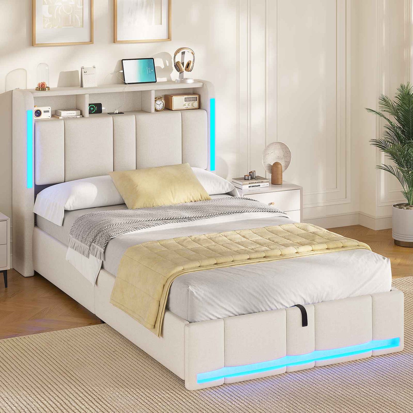 AOGLLATI Polsterbett 90×200 mit Steckdosen & LED Beleuchtung Doppelbett 90x200 mit Stauraum Kopfteil