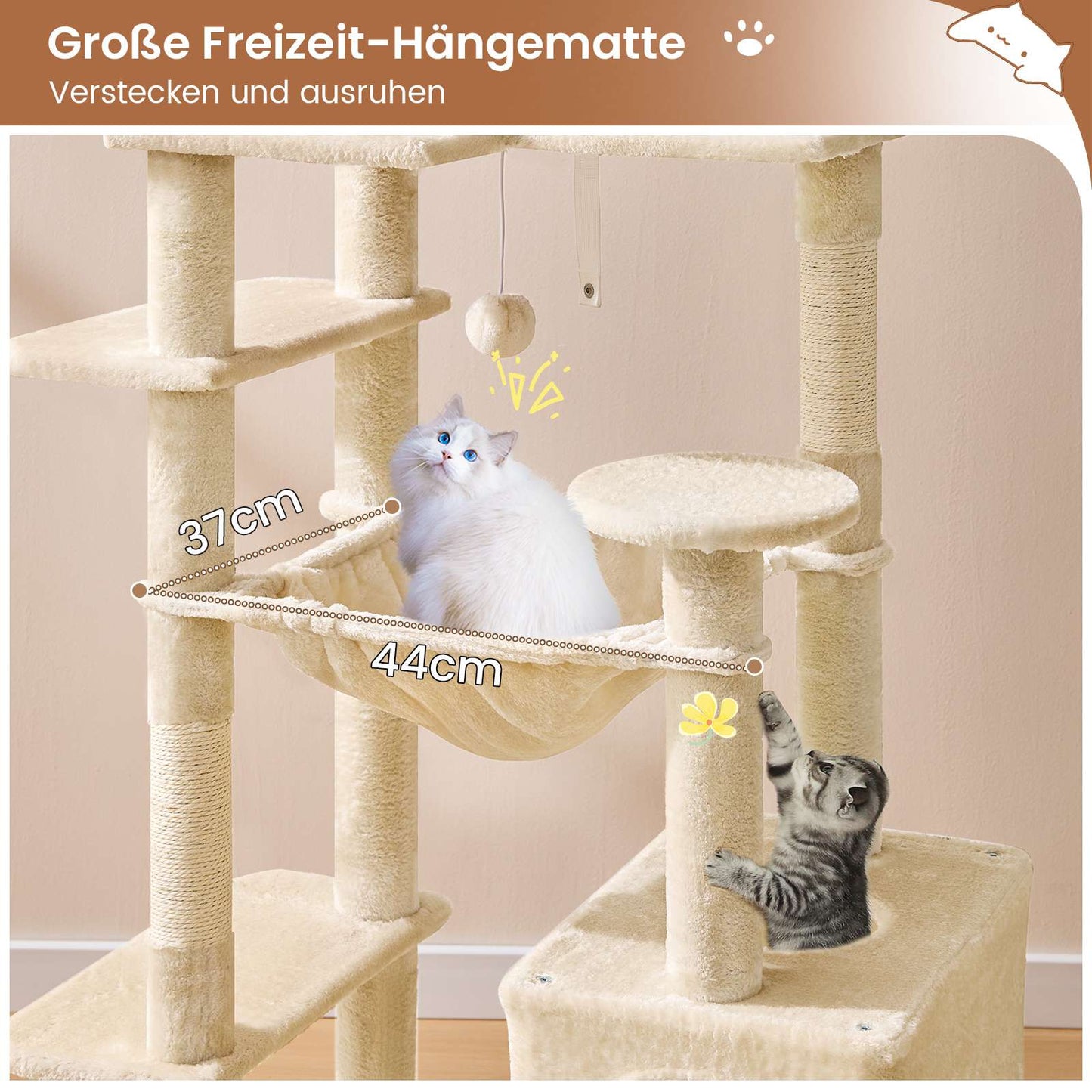 AOGLLATI Kratzbaum Katzenkratzbaum mit 2 Plattformen 2 Katzenhöhlen Hängematte Sisalsäulen mehrstöckiger Kletterbaum
