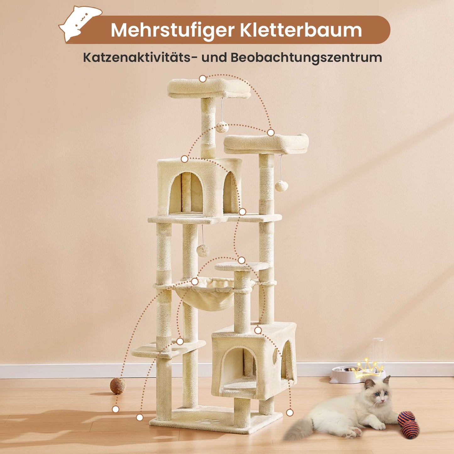 AOGLLATI Kratzbaum groß L Katzenbaum Stabil Katzenkratzbaum mit 2 Plattformen 2 Katzenhöhlen Hängematte Sisalsäulen