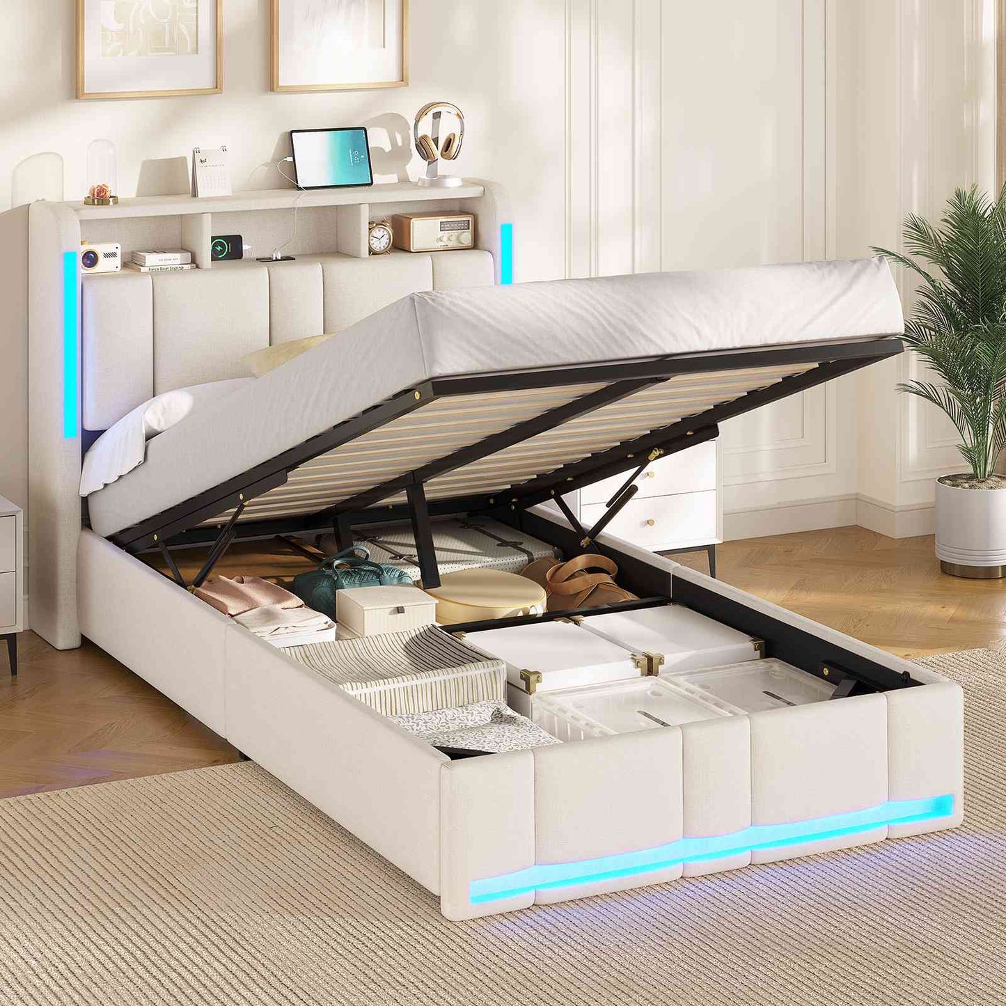 AOGLLATI Polsterbett 90×200 mit Steckdosen & LED Beleuchtung Doppelbett 90x200 mit Stauraum Kopfteil