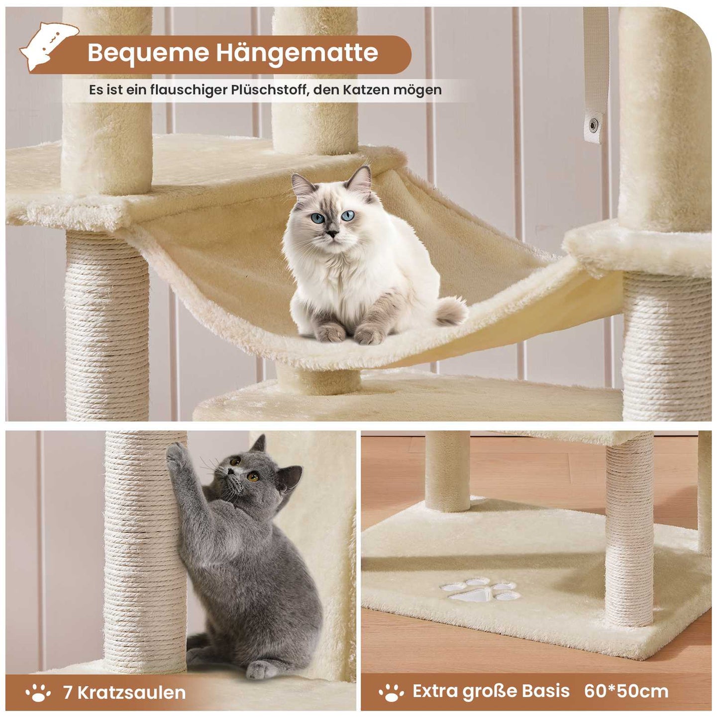 AOGLLATI Kratzbaum groß XXL 175cm Katzenbaum Katzen stabil mit 3 großer Aussichtsplattform Sisal-Kratzstangen