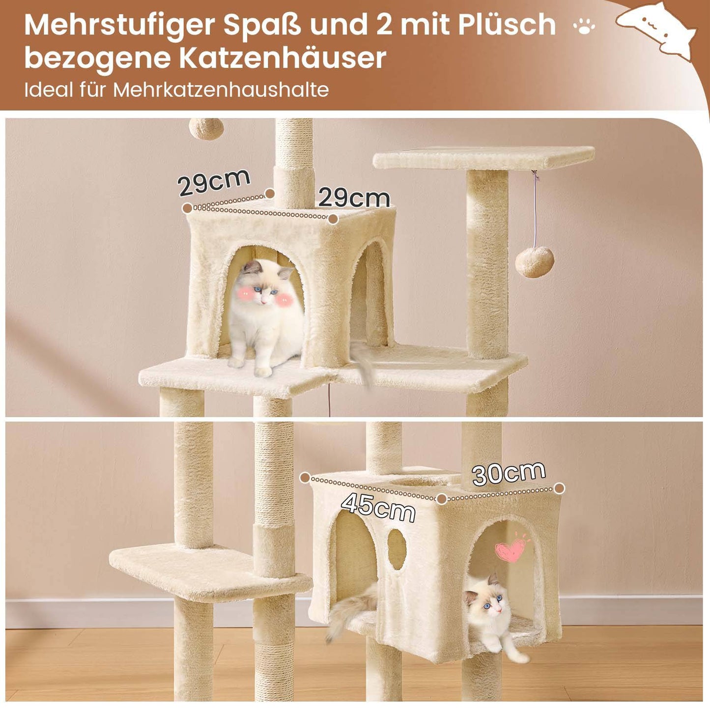 AOGLLATI Kratzbaum Katzenkratzbaum mit 2 Plattformen 2 Katzenhöhlen Hängematte Sisalsäulen mehrstöckiger Kletterbaum