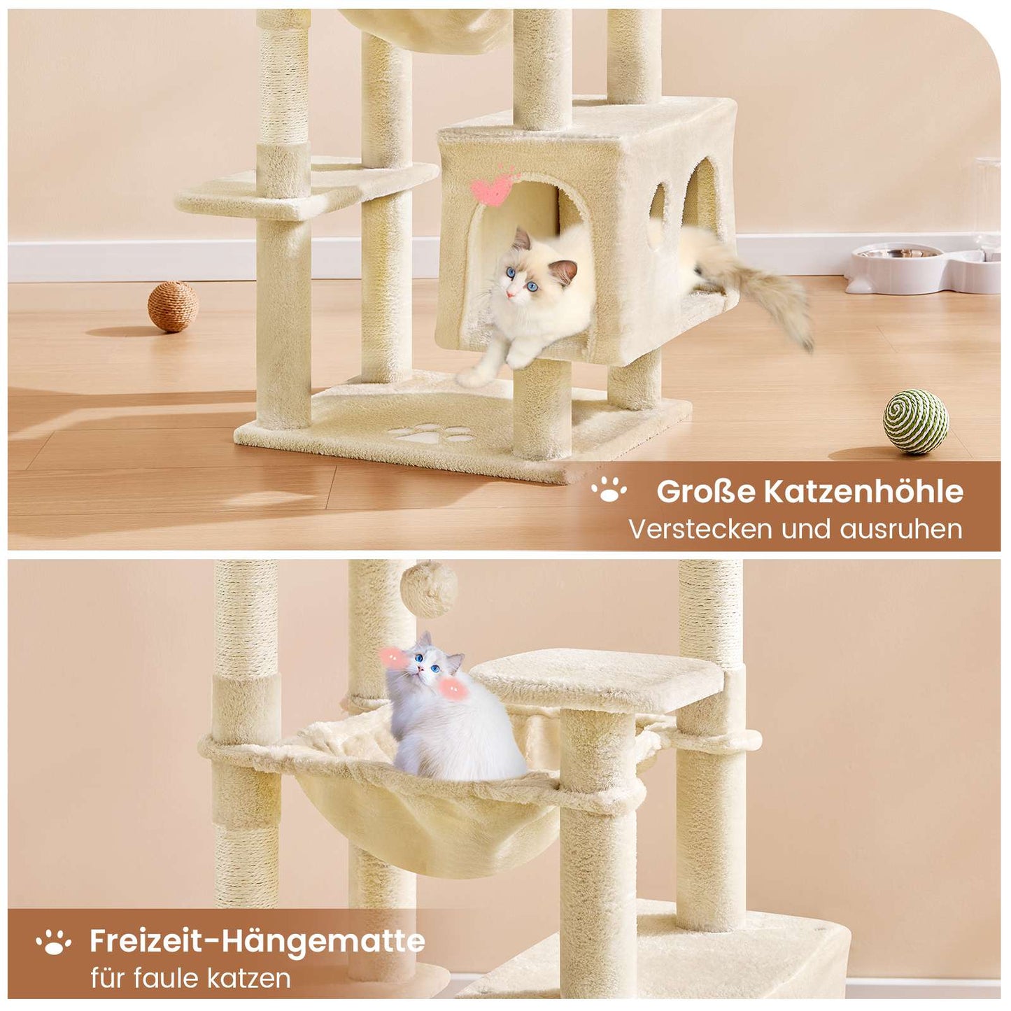 AOGLLATI Kratzbaum groß L Katzenbaum Stabil Katzenkratzbaum mit 2 Plattformen 2 Katzenhöhlen Hängematte Sisalsäulen