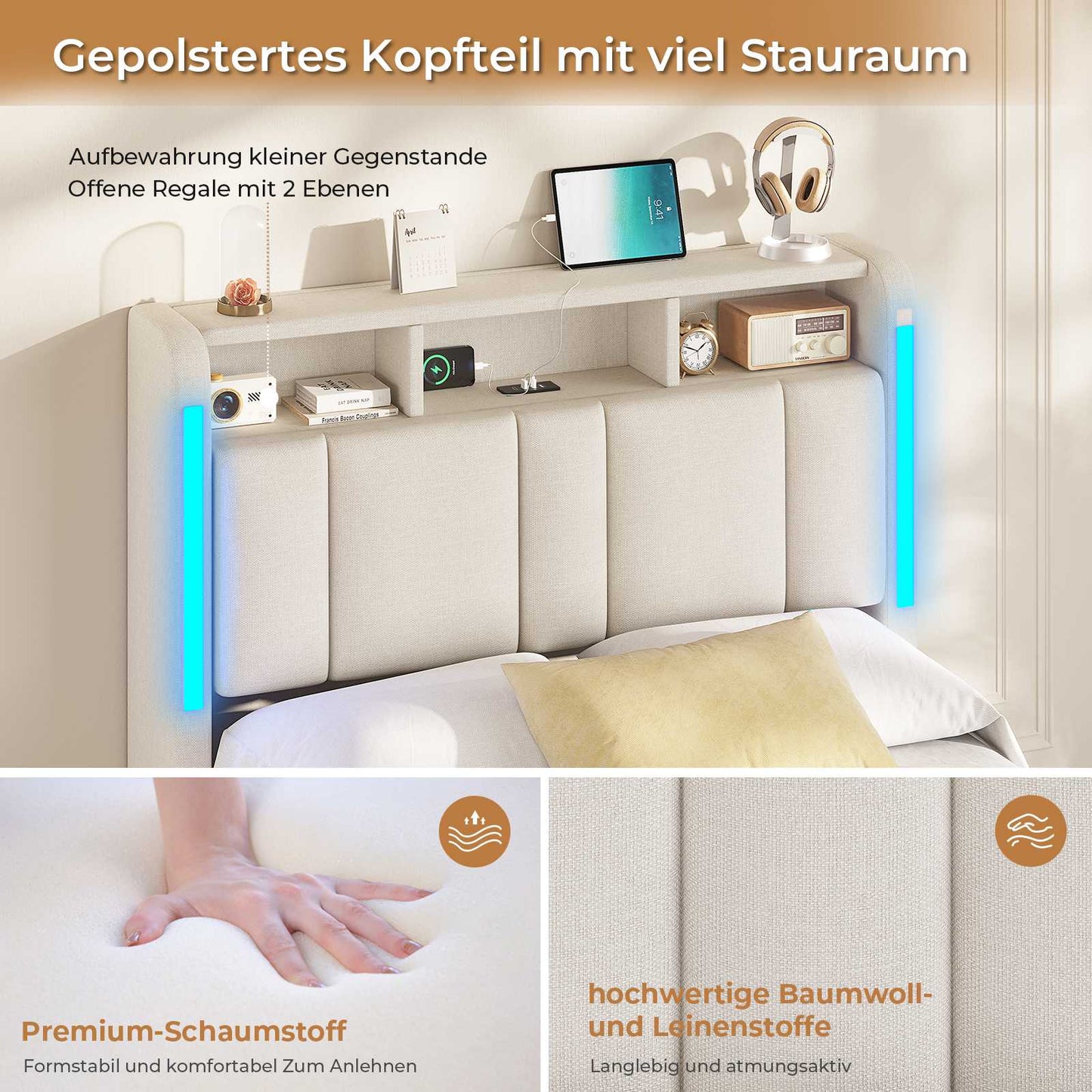 AOGLLATI Polsterbett 90×200 mit Steckdosen & LED Beleuchtung Doppelbett 90x200 mit Stauraum Kopfteil