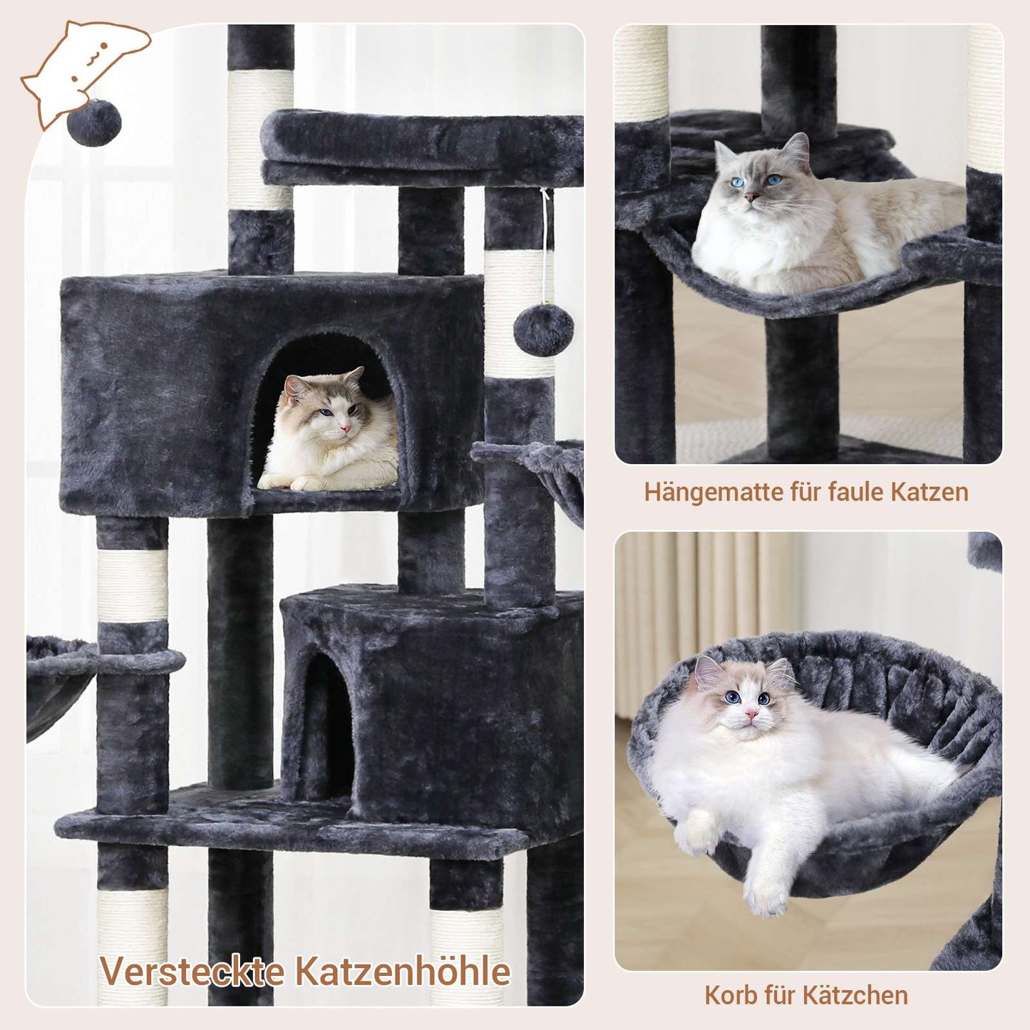 AOGLLATI Kratzbaum 180 cm hoch Katzenbaum mit Sisalstämmen 2 Plattformen 2 Katzenhöhlen