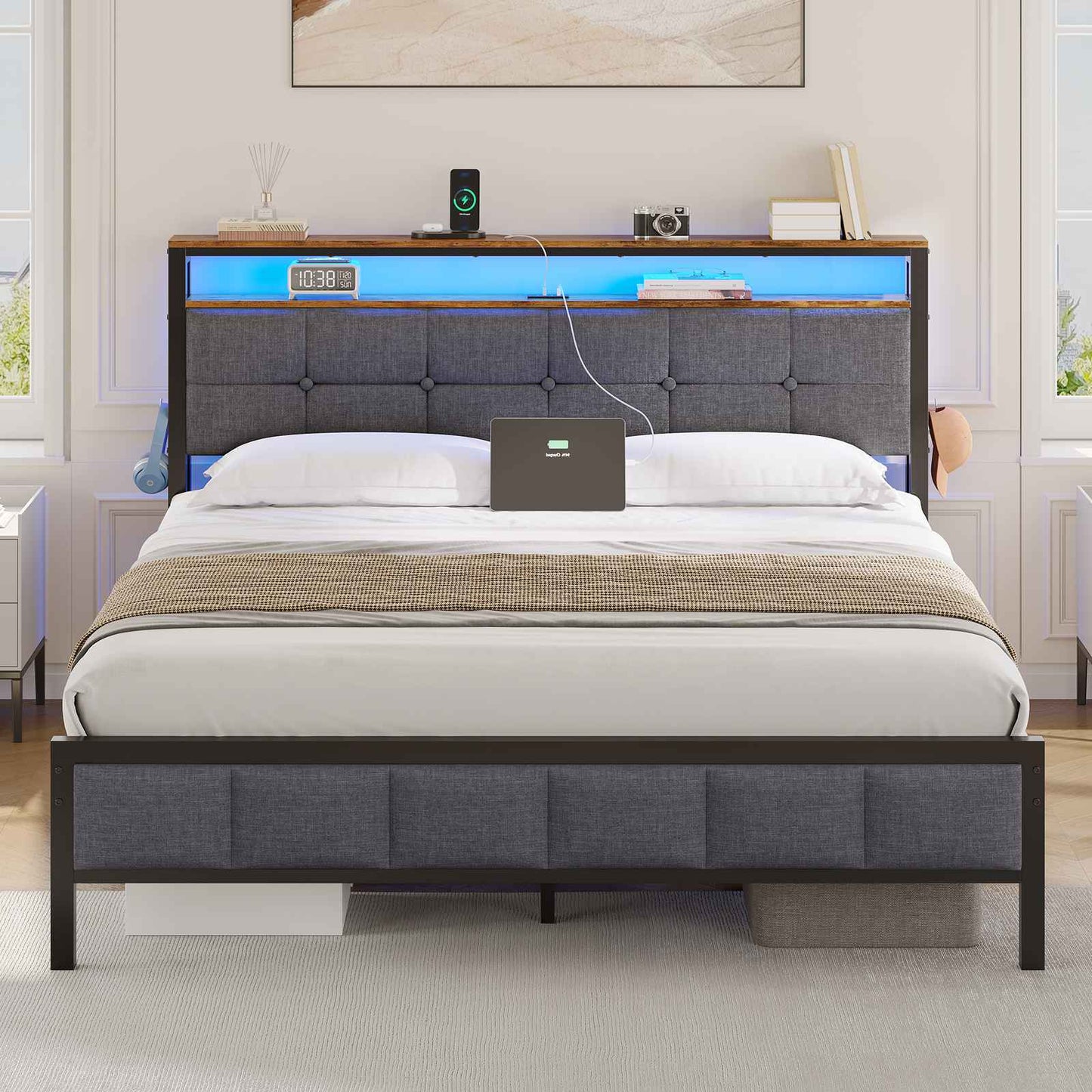 AOGLLATI Polsterbett 160x200 mit Ladestation Bett 160X200 mit LED-Beleuchtung Bettgestell mit Lattenrost