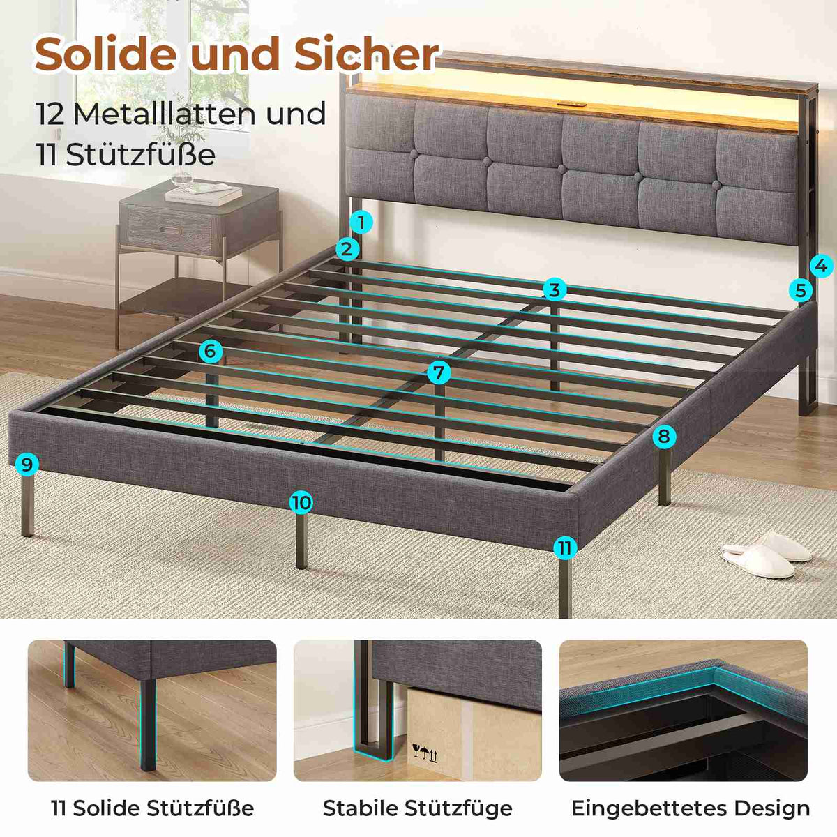 AOGLLATI Polsterbett 160x200 mit Stauraum Bettgestell mit LED-Beleuchtung und Steckdosen MetallBett mit Kopfteil