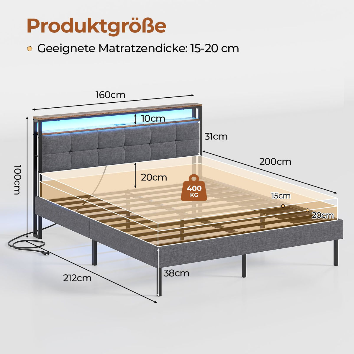 AOGLLATI Polsterbett 160x200 mit Stauraum Bettgestell mit LED-Beleuchtung und Steckdosen MetallBett mit Kopfteil