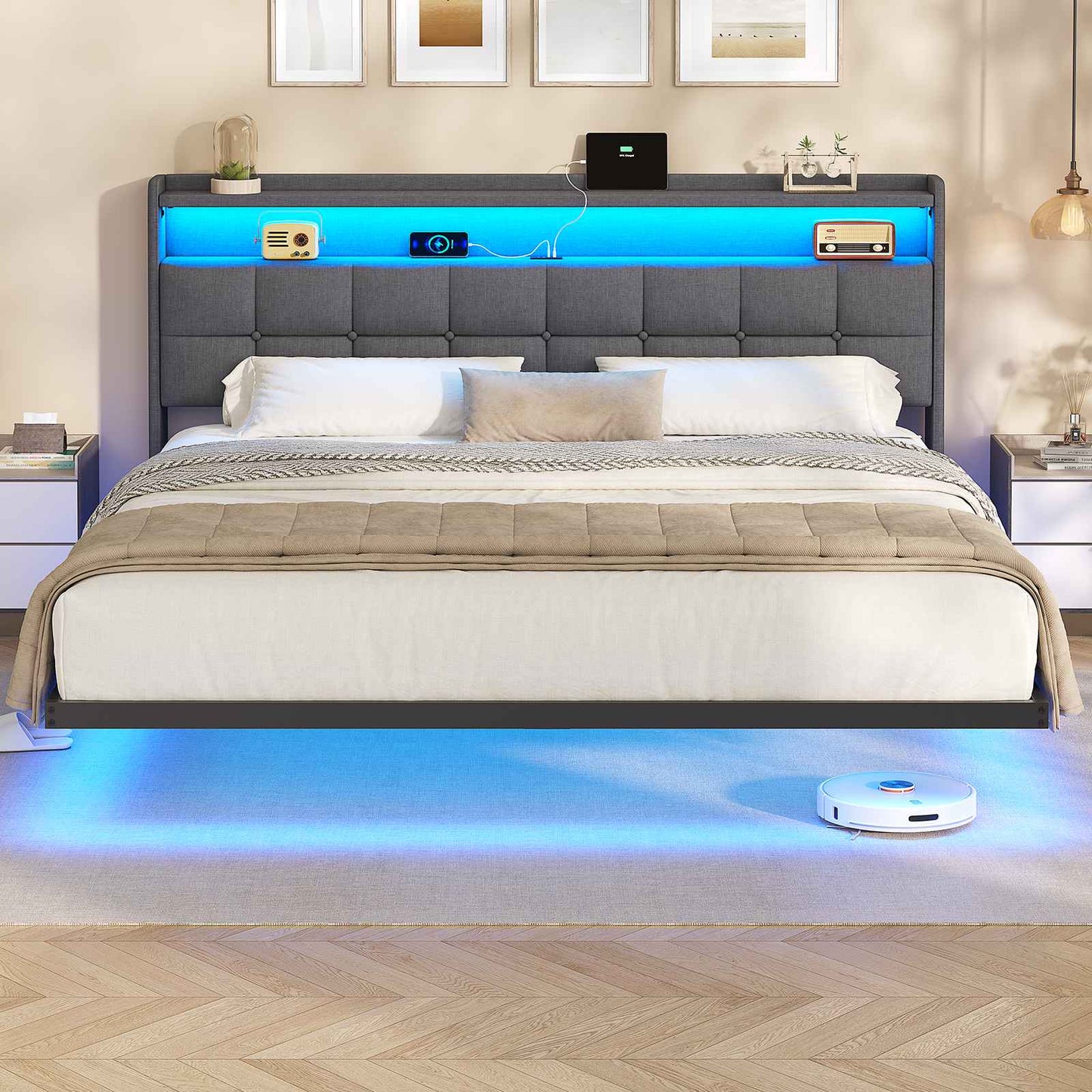 AOGLLATI Polsterbett 180x200 cm Doppelbettgestell Bettrahmen mit LED-Beleuchtung und Ladestation Bettgestell mit Kopfteil