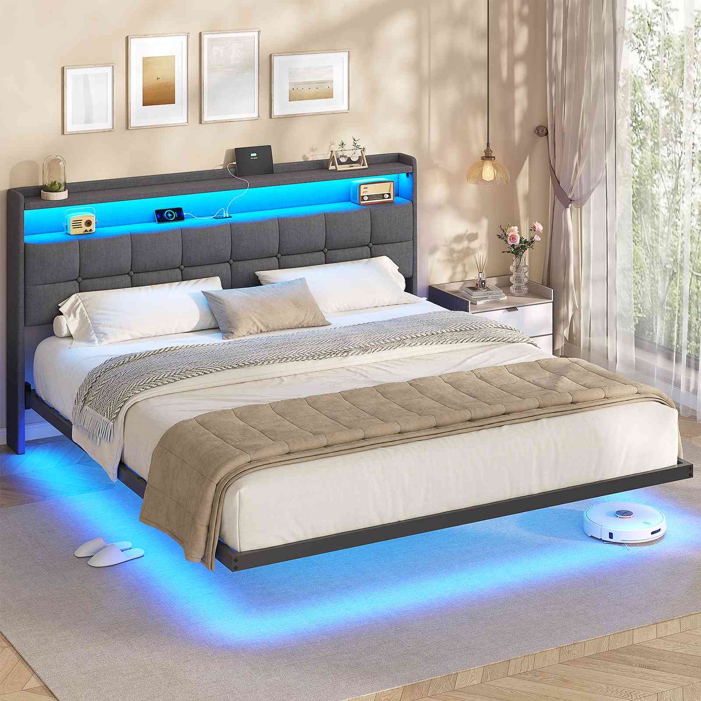 AOGLLATI Polsterbett 180x200 cm Doppelbettgestell Bettrahmen mit LED-Beleuchtung und Ladestation Bettgestell mit Kopfteil