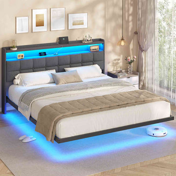 AOGLLATI Polsterbett 180x200 cm Doppelbettgestell Bettrahmen mit LED-Beleuchtung und Ladestation Bettgestell mit Kopfteil
