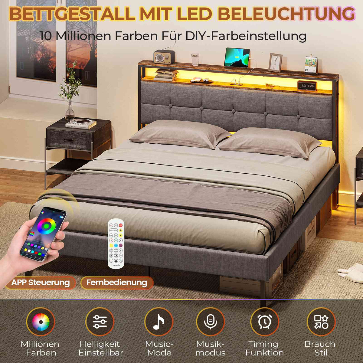 AOGLLATI Polsterbett 160x200 mit Stauraum Bettgestell mit LED-Beleuchtung und Steckdosen MetallBett mit Kopfteil
