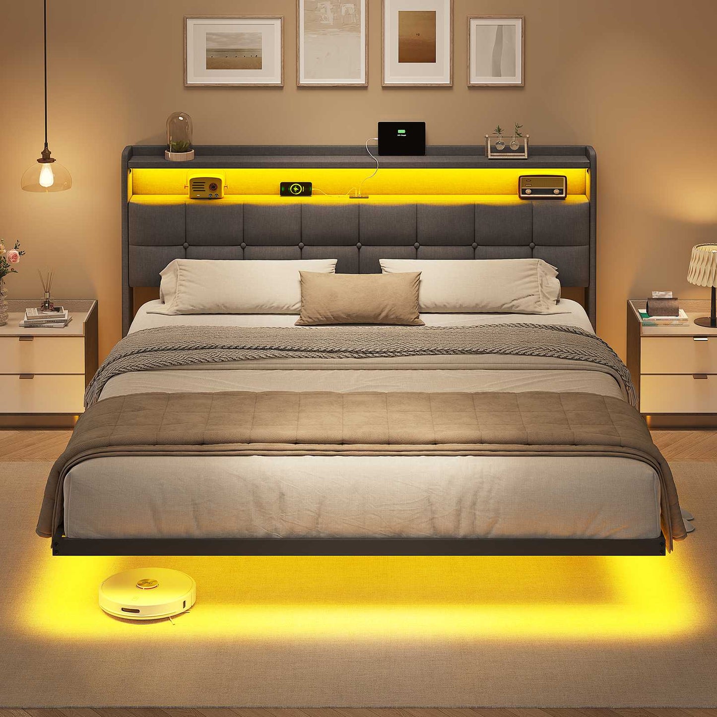 AOGLLATI Polsterbett 180x200 cm Doppelbettgestell Bettrahmen mit LED-Beleuchtung und Ladestation Bettgestell mit Kopfteil