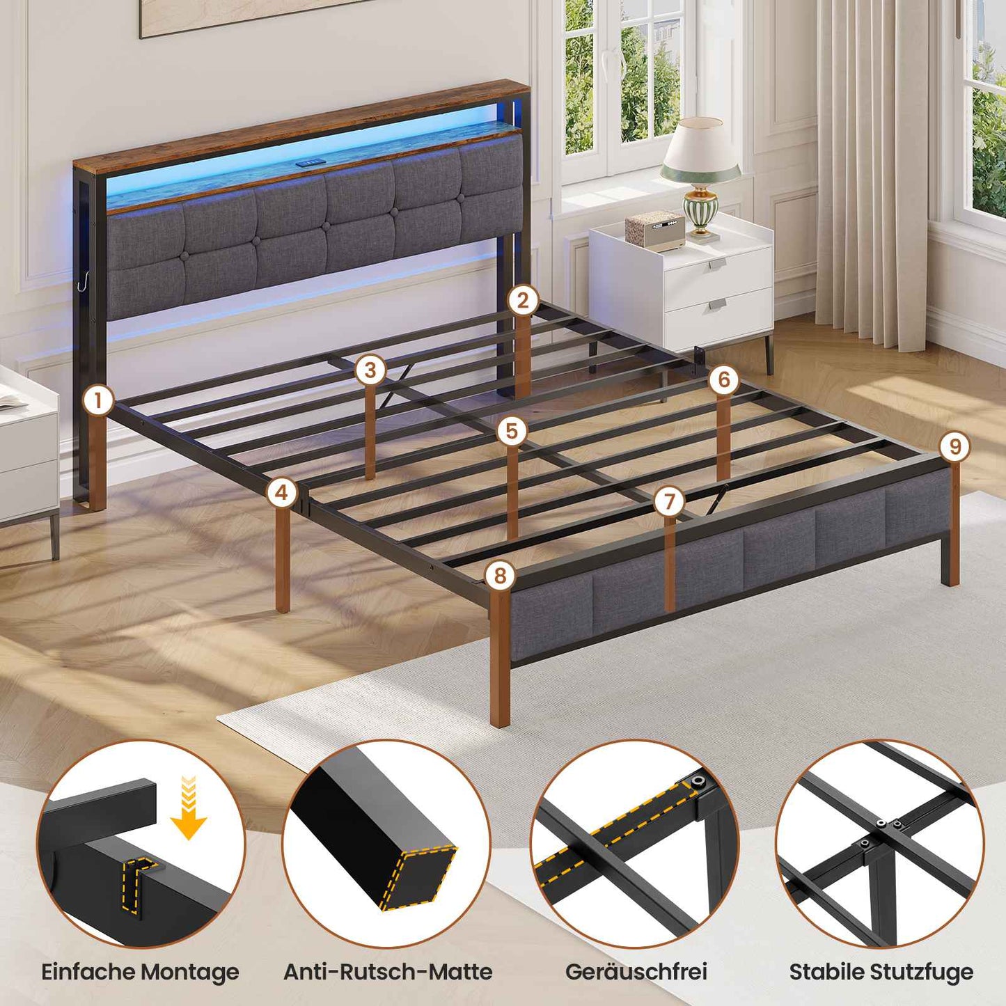 AOGLLATI Polsterbett 160x200 mit Ladestation Bett 160X200 mit LED-Beleuchtung Bettgestell mit Lattenrost