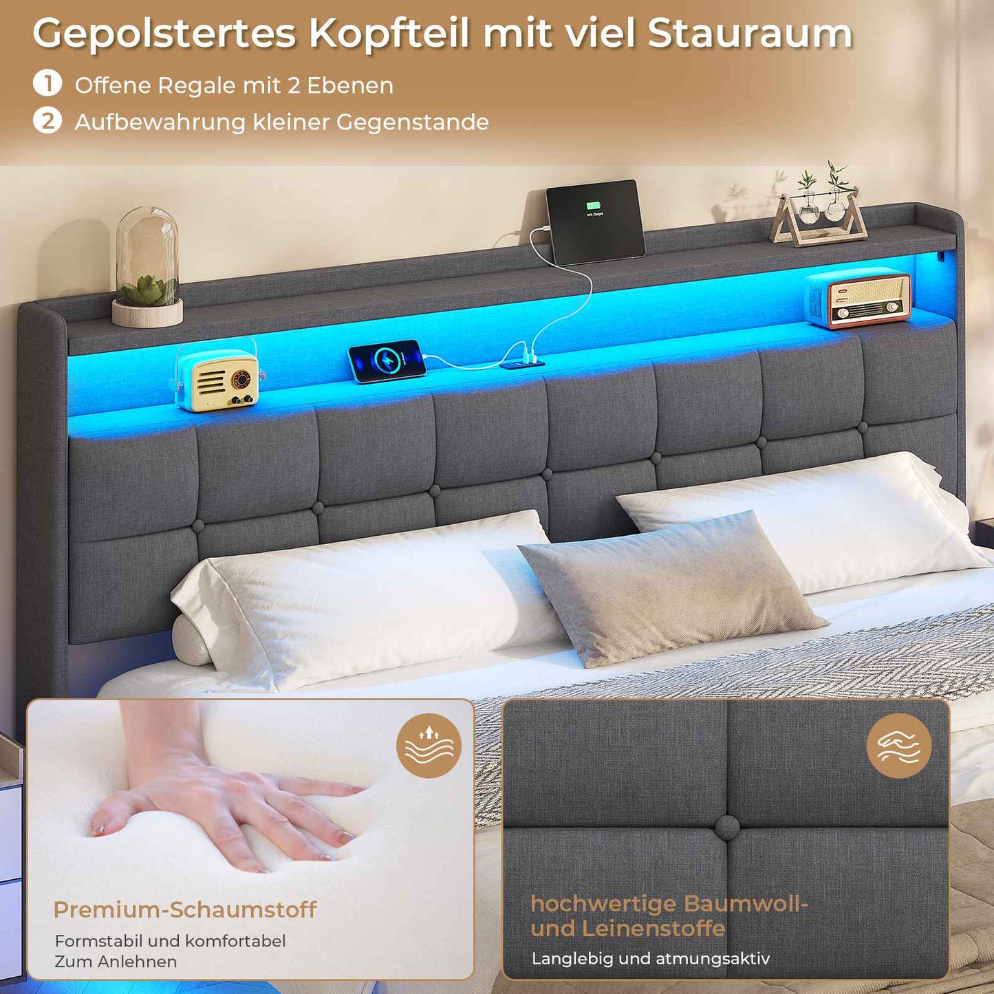 AOGLLATI Polsterbett 180x200 cm Doppelbettgestell Bettrahmen mit LED-Beleuchtung und Ladestation Bettgestell mit Kopfteil