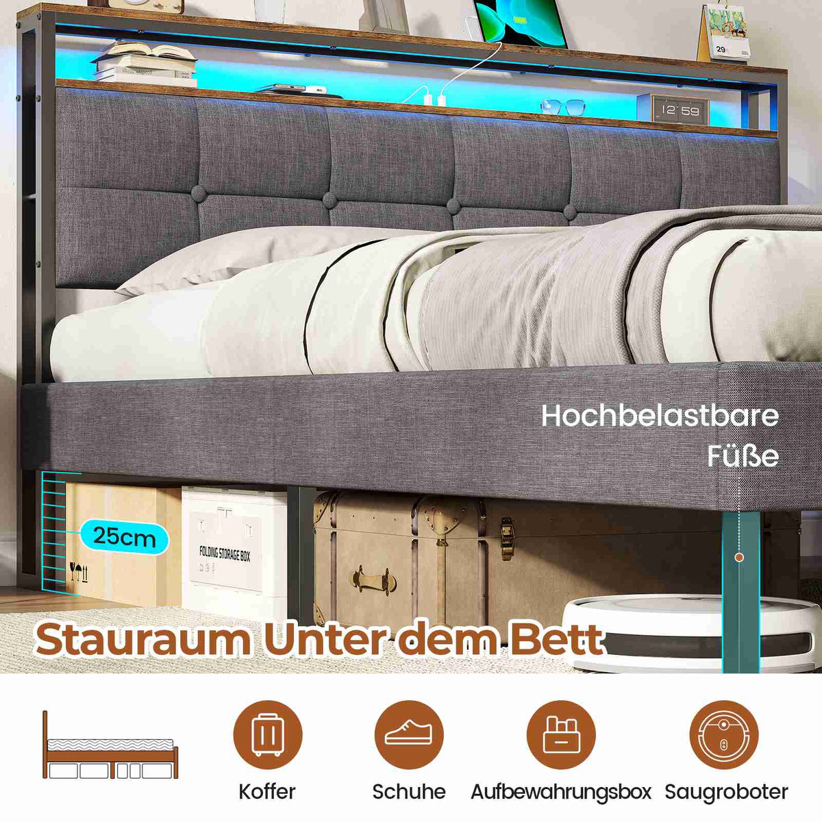 AOGLLATI Polsterbett 160x200 mit Stauraum Bettgestell mit LED-Beleuchtung und Steckdosen MetallBett mit Kopfteil