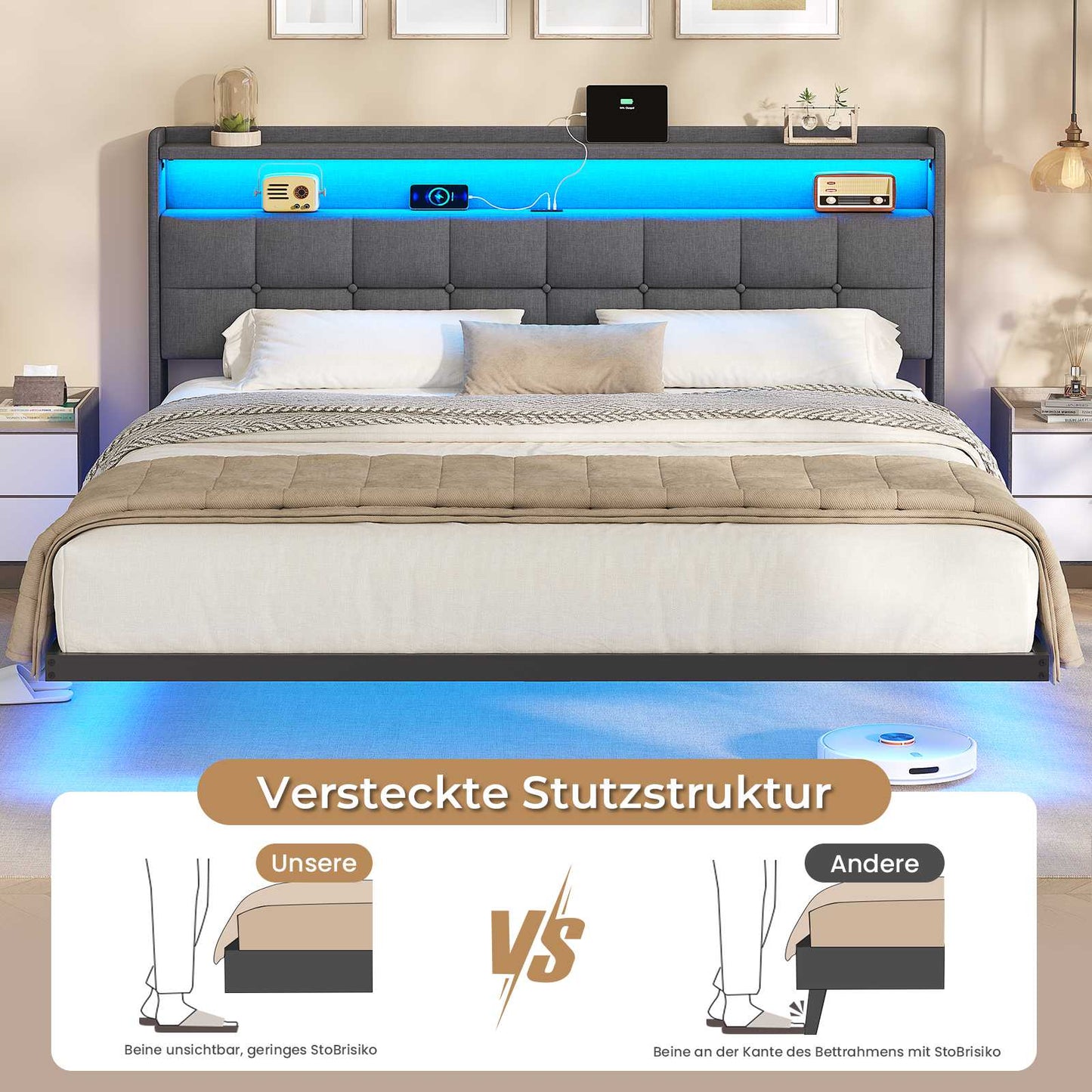 AOGLLATI Polsterbett 180x200 cm Doppelbettgestell Bettrahmen mit LED-Beleuchtung und Ladestation Bettgestell mit Kopfteil