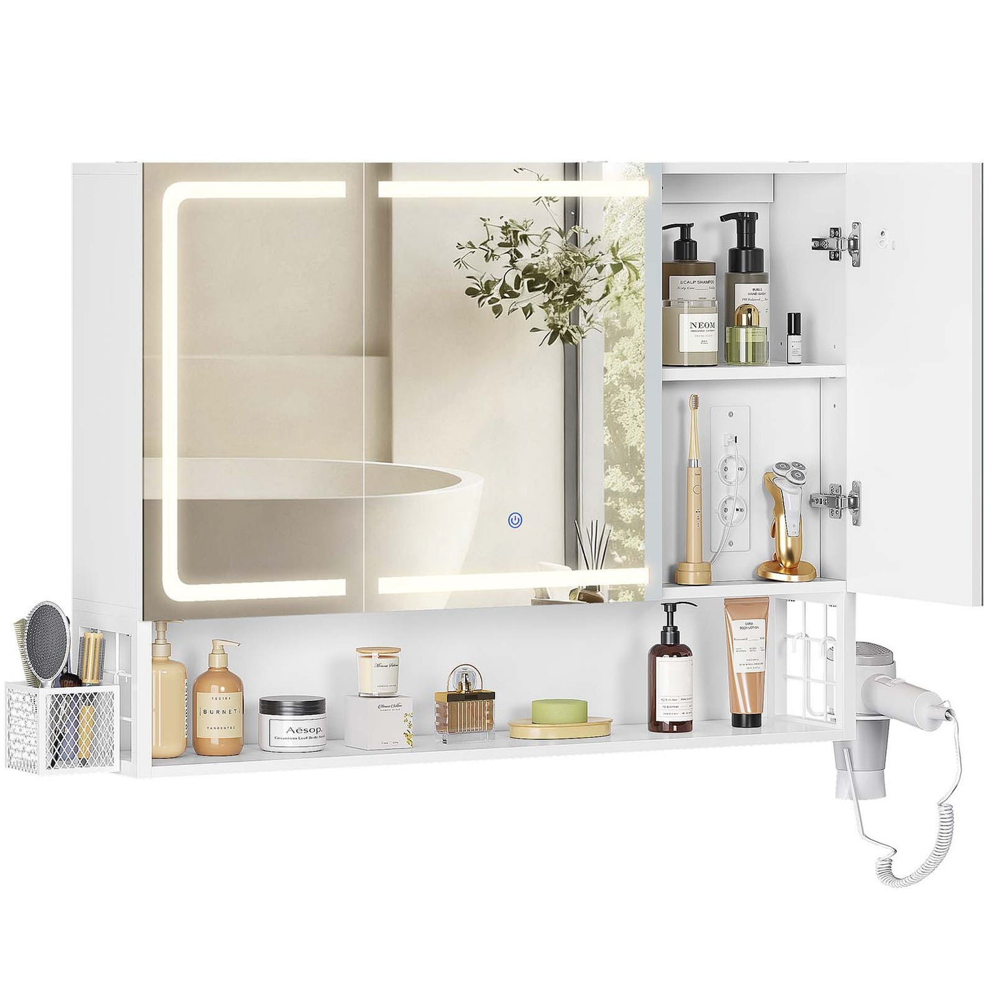 AOGLLATI Spiegelschrank 90×16×70 cm mit LED-Beleuchtung & Steckdose Badezimmerschrank mit Verstellbarem Regal 3 Farbtemperatur