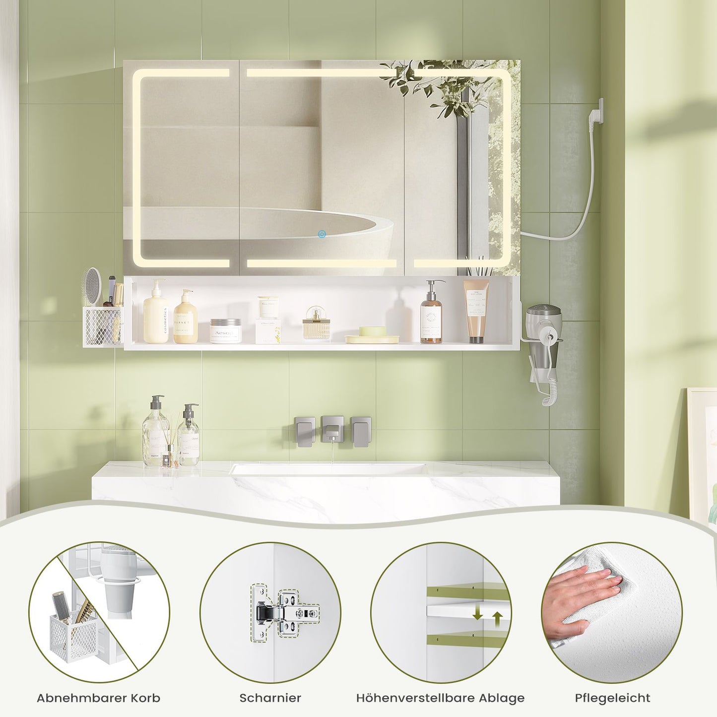 AOGLLATI Spiegelschrank 90×16×70 cm mit LED-Beleuchtung & Steckdose Badezimmerschrank mit Verstellbarem Regal 3 Farbtemperatur